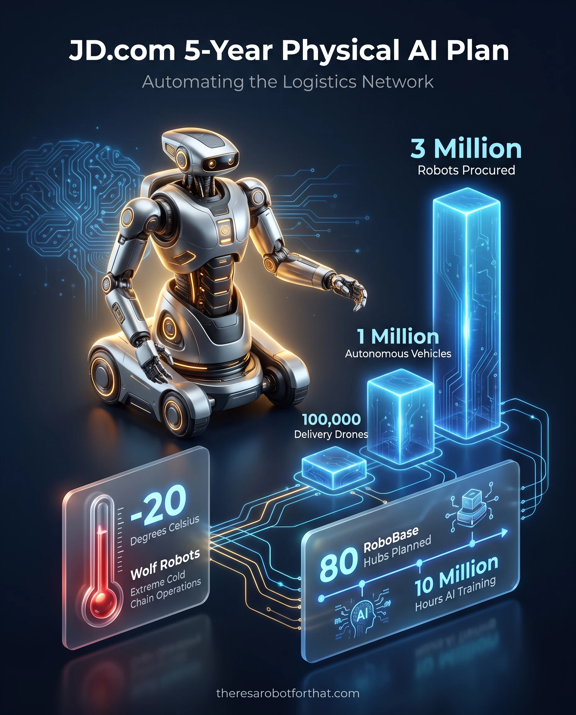 Bar chart illustrating JD.com's 5-year automation procurement plan, highlighting 3 million robots, 1 million autonomous vehicles, and 100,000 delivery drones.