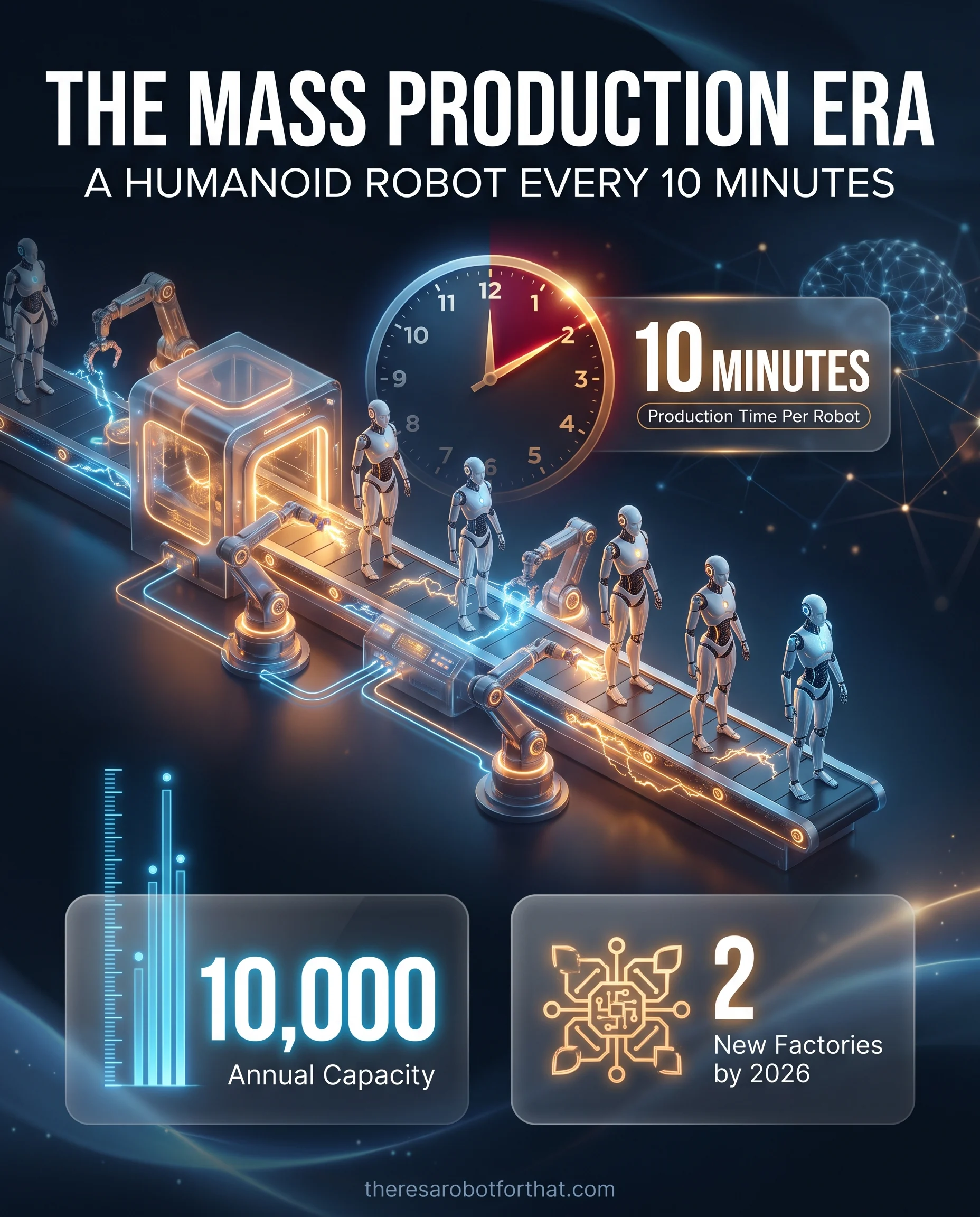 Statistical infographic highlighting China's rapid humanoid mass production. The main graphic shows a production rate of one robot every 10 minutes, driving an annual capacity of 10,000 units at the new Liuzhou factory.