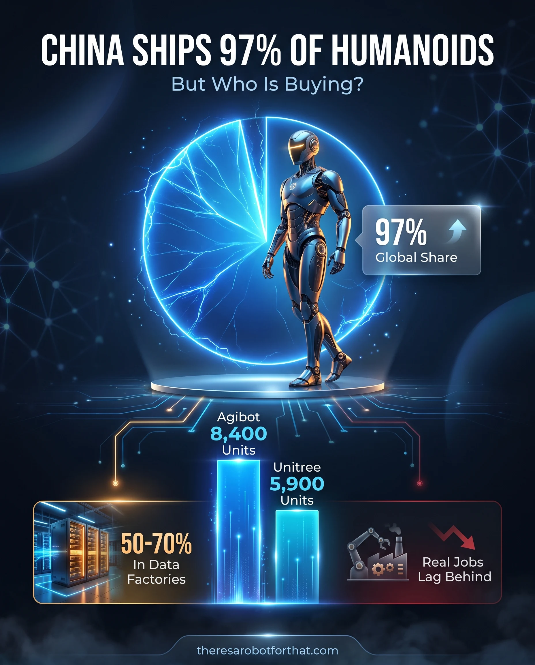 Statistical infographic revealing that China shipped 97% of global humanoid robots in H1 2026. Bar charts show Agibot at 8,400 units and Unitree at 5,900 units, while a visual breakdown highlights that 50 to 70 percent of these robots are used in data factories rather than performing paid labor.