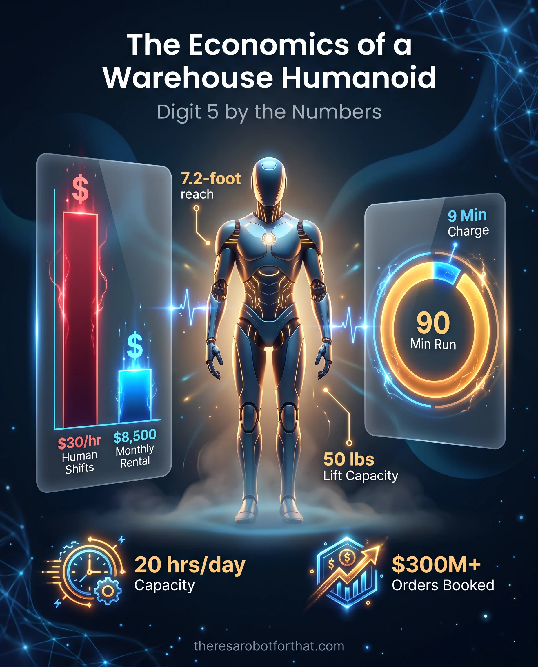 Comparison infographic detailing the Agility Digit 5 humanoid economics, highlighting the $8,500 monthly rental cost against a $30 per hour human labor rate, alongside physical capabilities like a 50-pound lift and 7.2-foot reach.