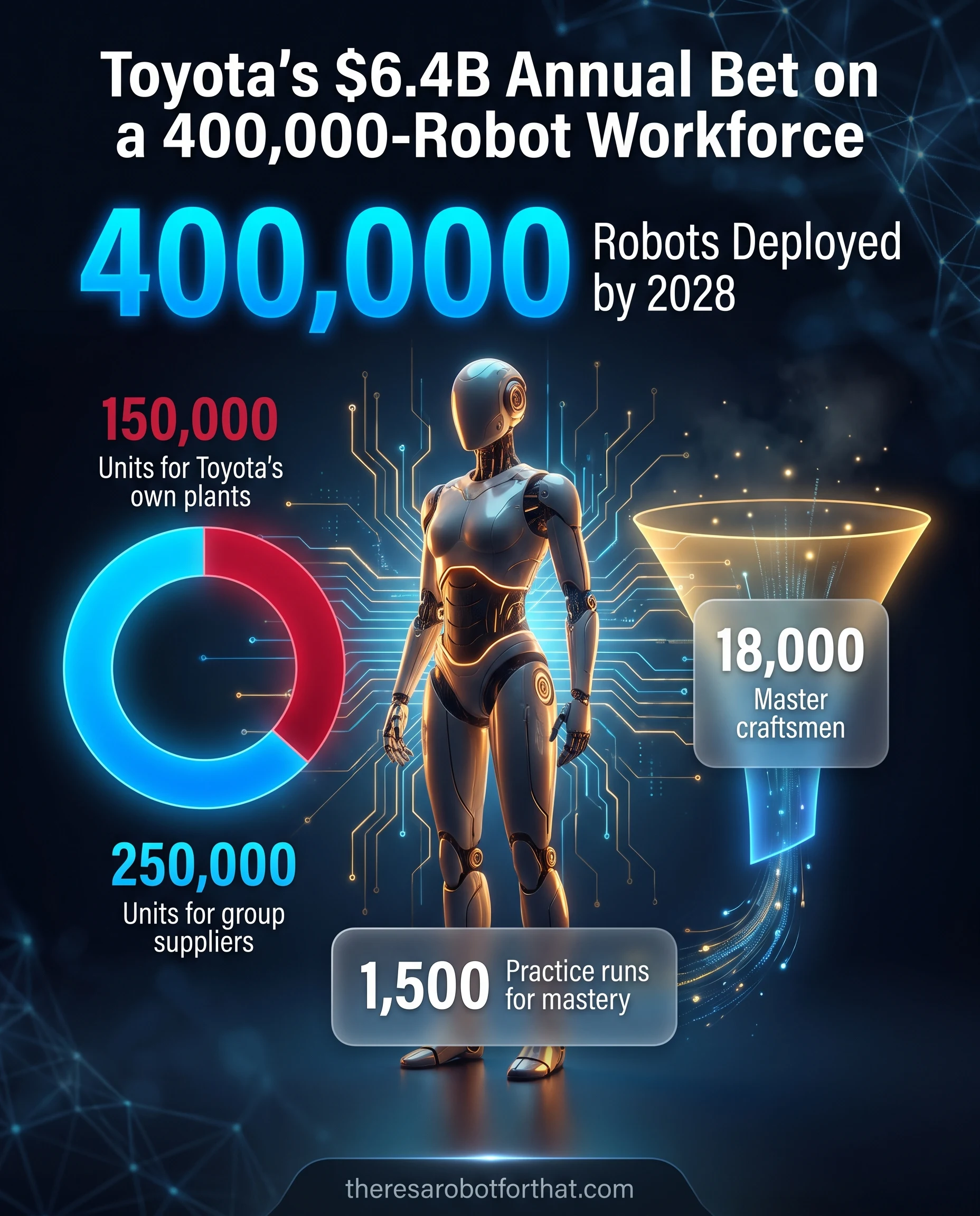 Statistical infographic detailing Toyota's 400,000 robot deployment by 2028. A donut chart shows 150,000 robots allocated to Toyota plants and 250,000 to suppliers, with supporting metrics highlighting 18,000 master craftsmen conducting 1,500 practice runs to train the machines.