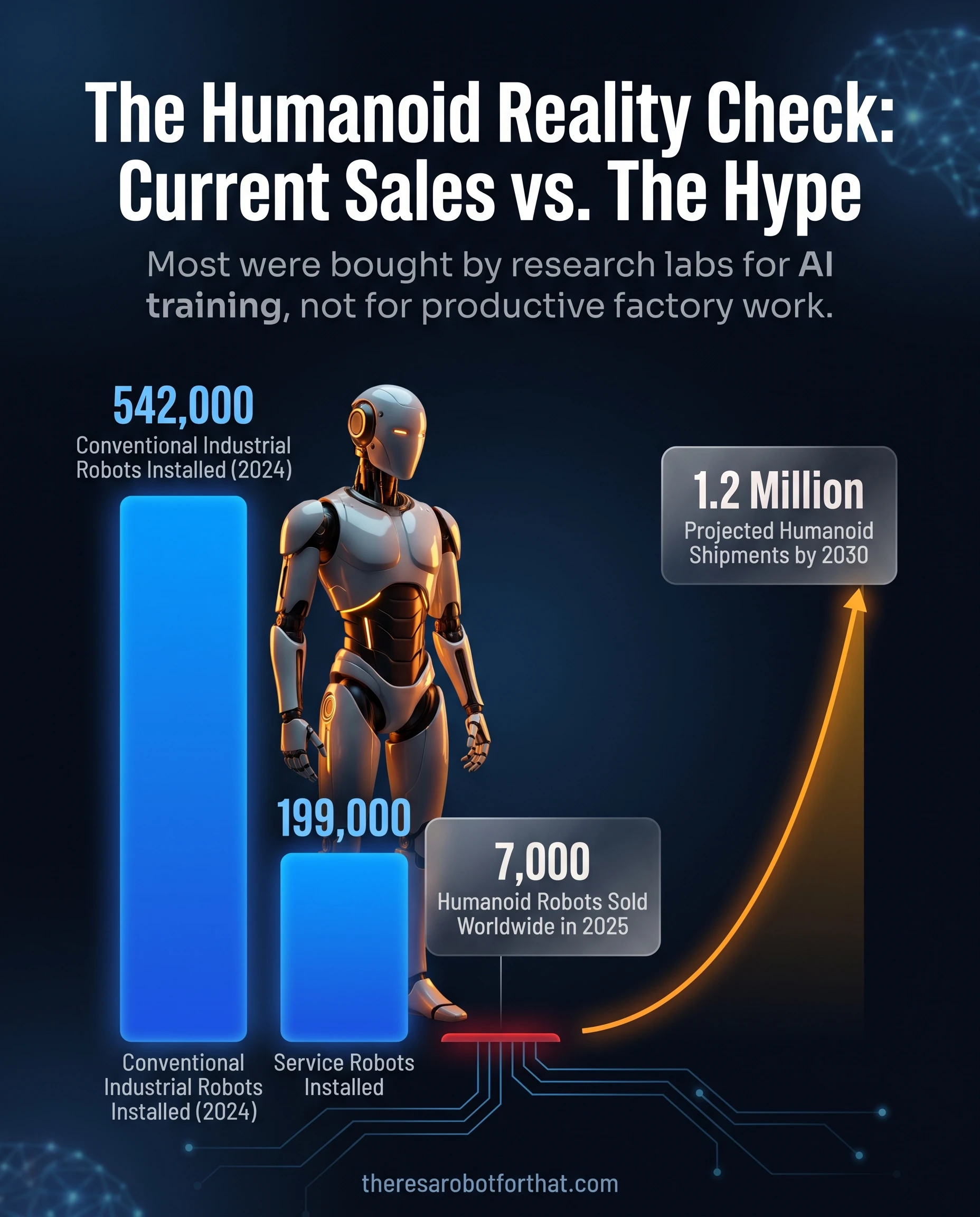 Bar chart comparing global robot sales, showing only 7,000 humanoid robots sold in 2025 compared to 542,000 conventional industrial robots, with a steep projection line reaching 1.2 million humanoids by 2030.