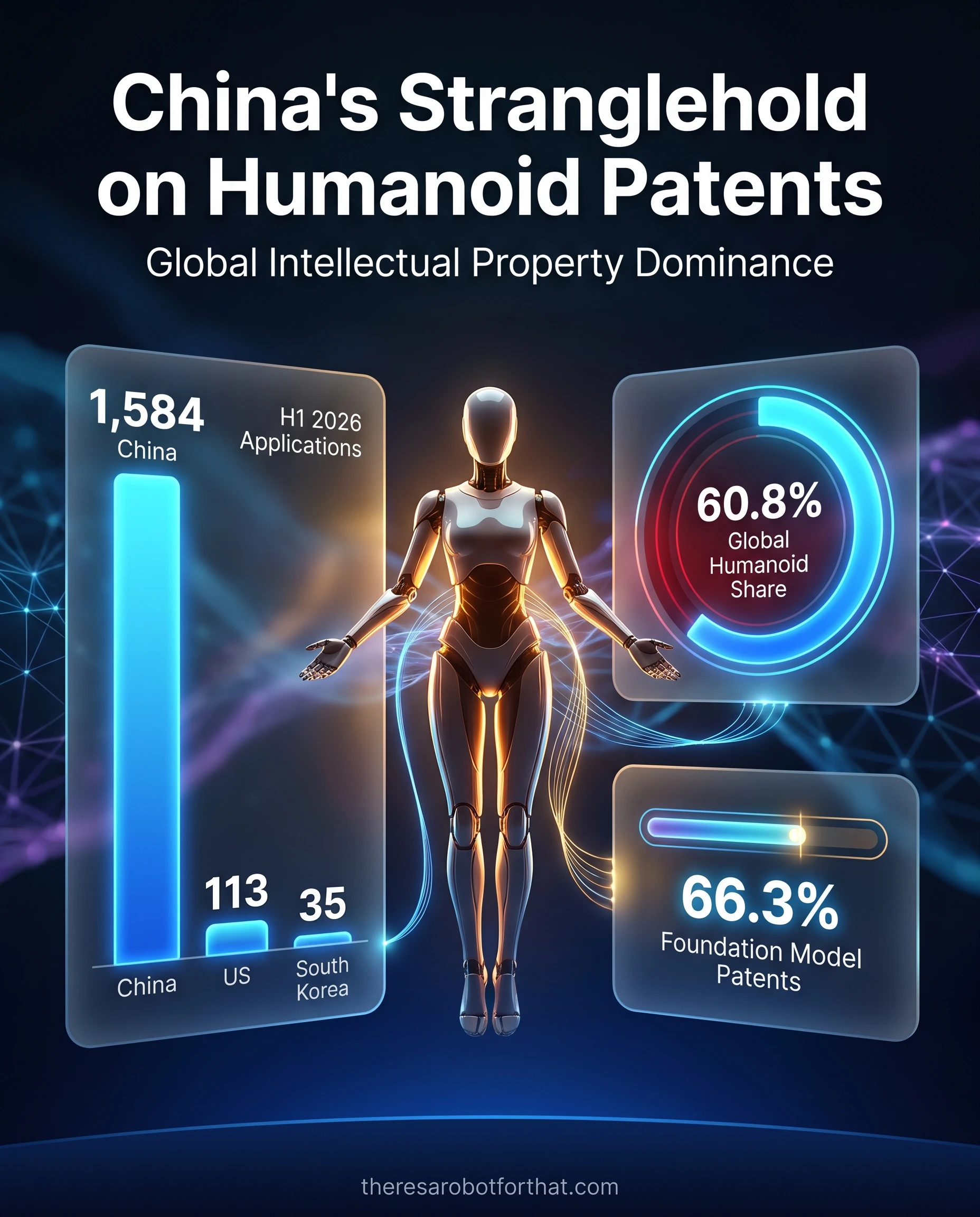 Bar and pie charts comparing humanoid robot patent data by country. China leads significantly with 60.8 percent of global patents and 1,584 applications in the first half of 2026, dwarfing the United States at 21.8 percent and 113 applications, and South Korea at 4.6 percent and 35 applications.