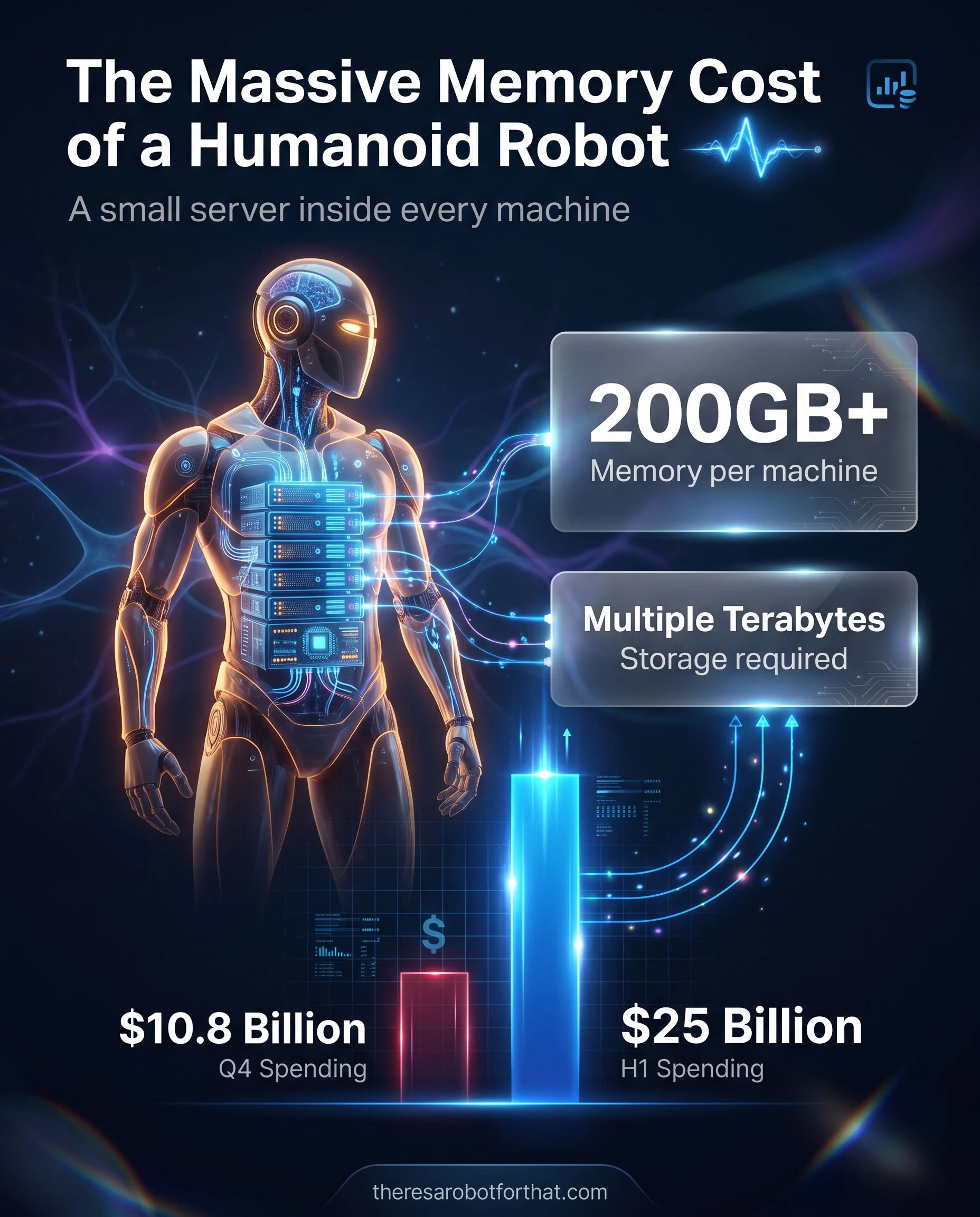Statistical infographic highlighting that physical-AI machines require over 200 gigabytes of memory and multiple terabytes of storage, driving Micron's 25 billion dollar capital spending plan for the first half of its fiscal year.