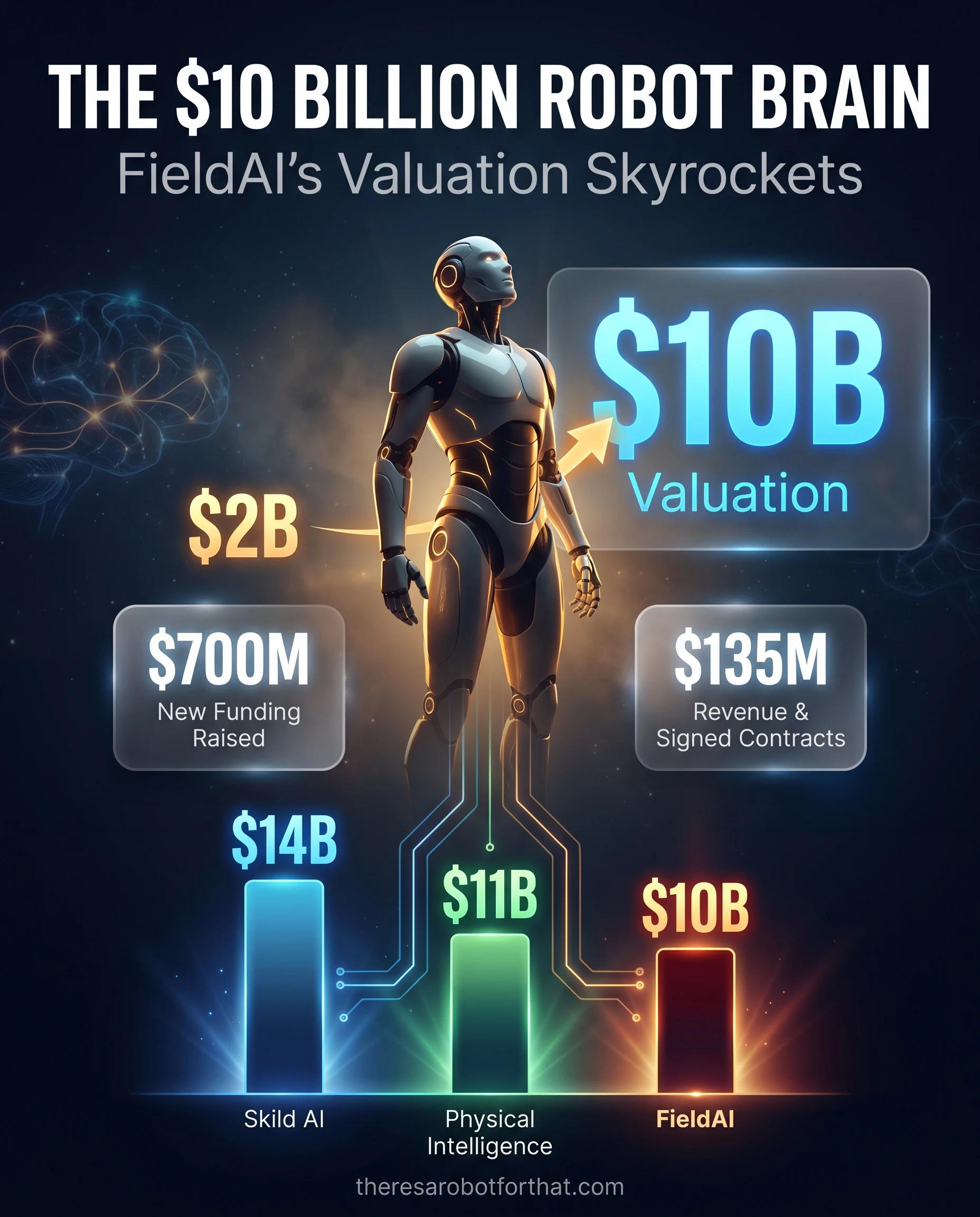 Bar chart comparing physical AI startup valuations showing Skild AI at 14 billion dollars, Physical Intelligence at 11 billion dollars, and FieldAI at 10 billion dollars, alongside a growth indicator showing FieldAI's 5x increase from 2 billion dollars.