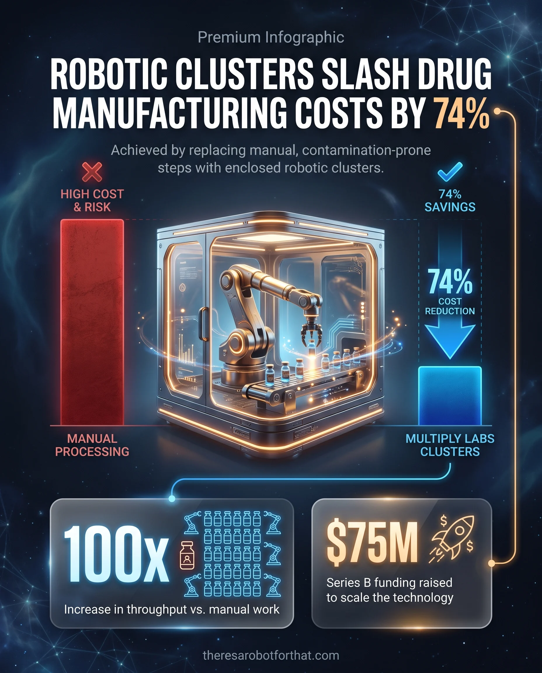 Split-screen bar chart and icon graphic comparing manual drug manufacturing to Multiply Labs robotic clusters, highlighting a 74 percent reduction in cost per dose and a 100 times increase in throughput.
