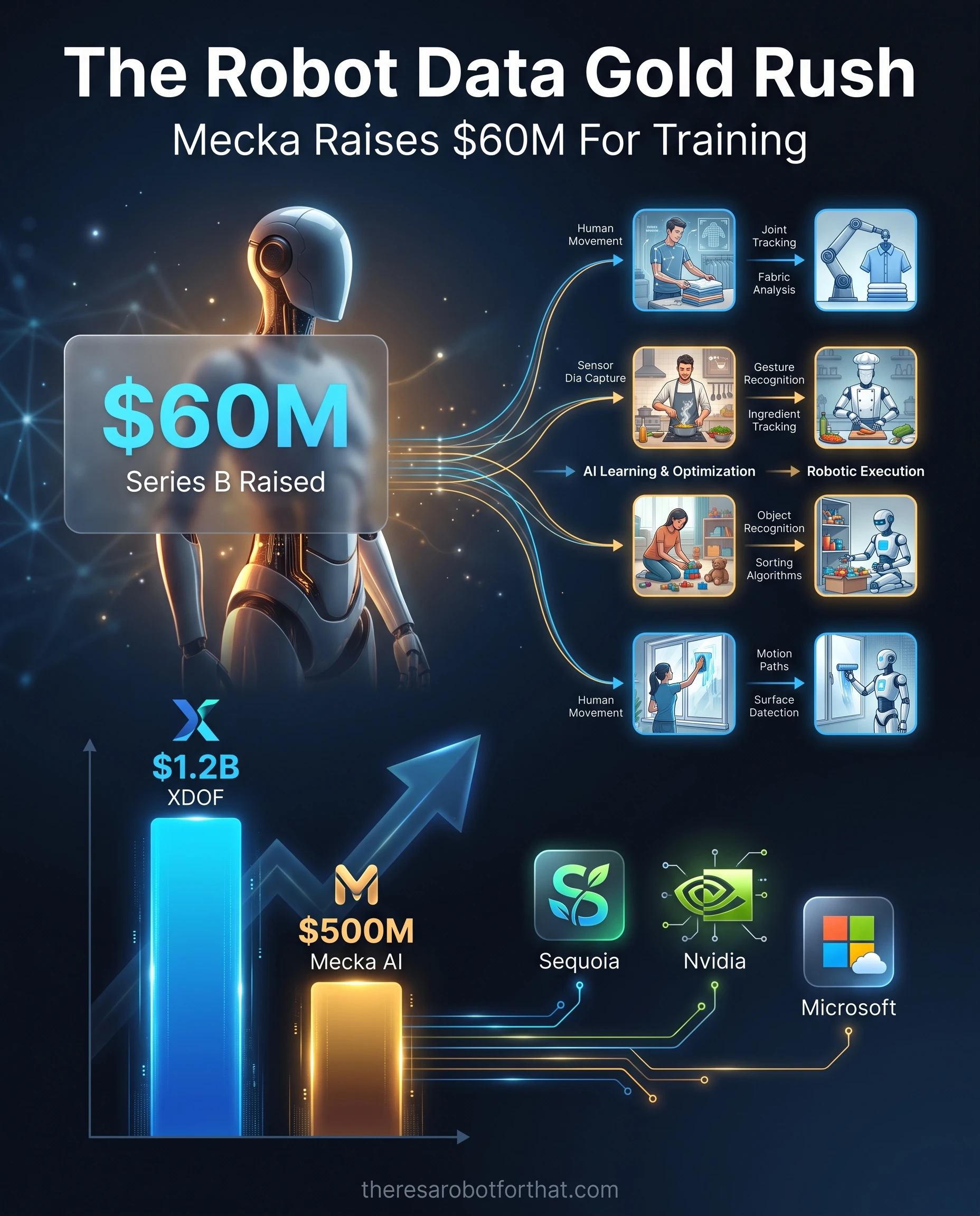Bar chart comparing robot training data startup valuations, highlighting rival XDOF at 1.2 billion dollars and Mecka AI at 500 million dollars following its 60 million dollar Series B raise.