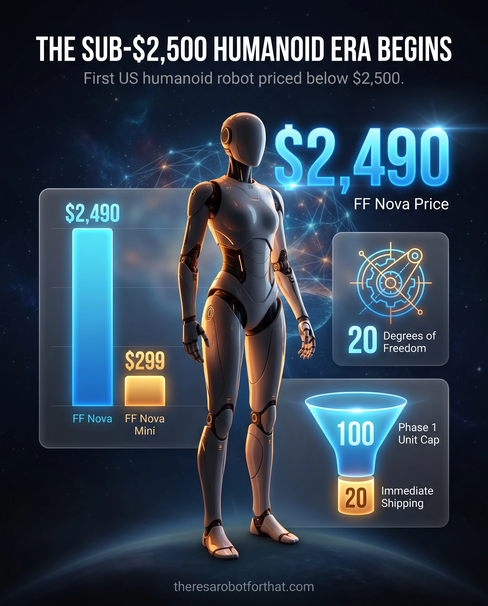 Statistical infographic highlighting the launch of the FF Nova humanoid robot at $2,490, alongside the $299 Nova Mini, with key specs including 20 degrees of freedom and a 100-unit initial production cap.
