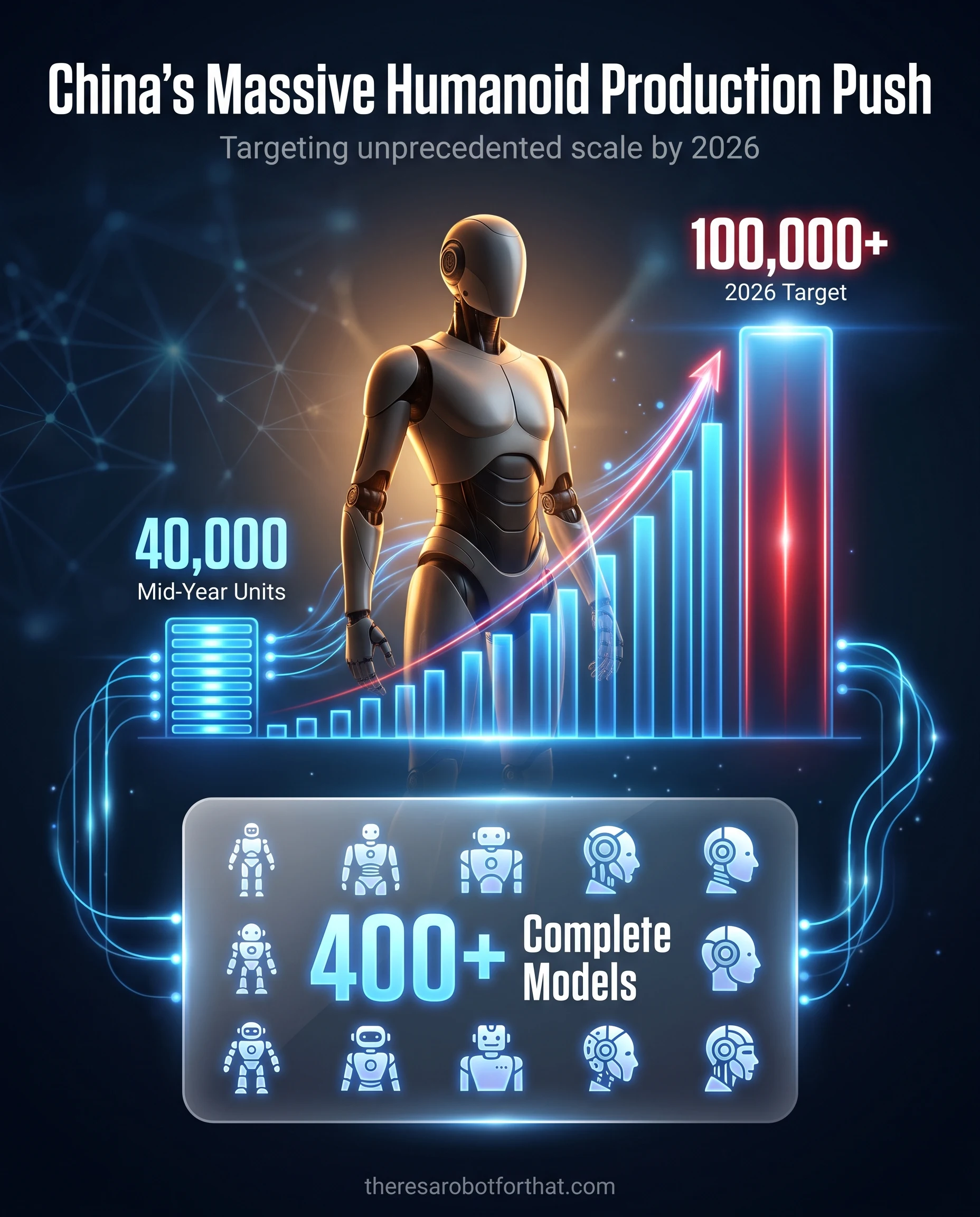 Progress chart illustrating China's humanoid robot production, showing 40,000 units produced by mid-year scaling up to a target of over 100,000 units by 2026, alongside a callout for 400 complete models.