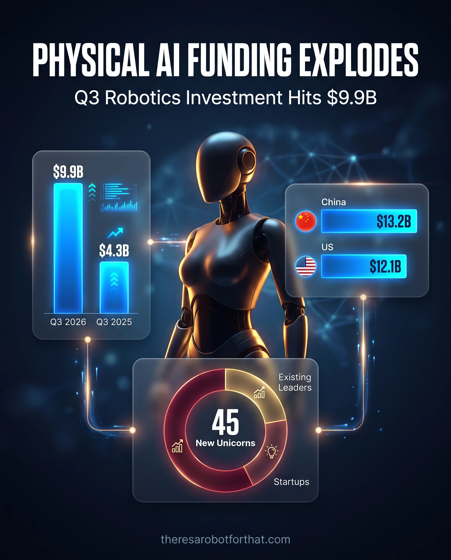 Bar chart and statistics graphic showing global robotics funding more than doubled to $9.9 billion in Q3 2026 compared to $4.3 billion in Q3 2025, with China leading total annual funding at $13.2 billion followed by the US at $12.1 billion.
