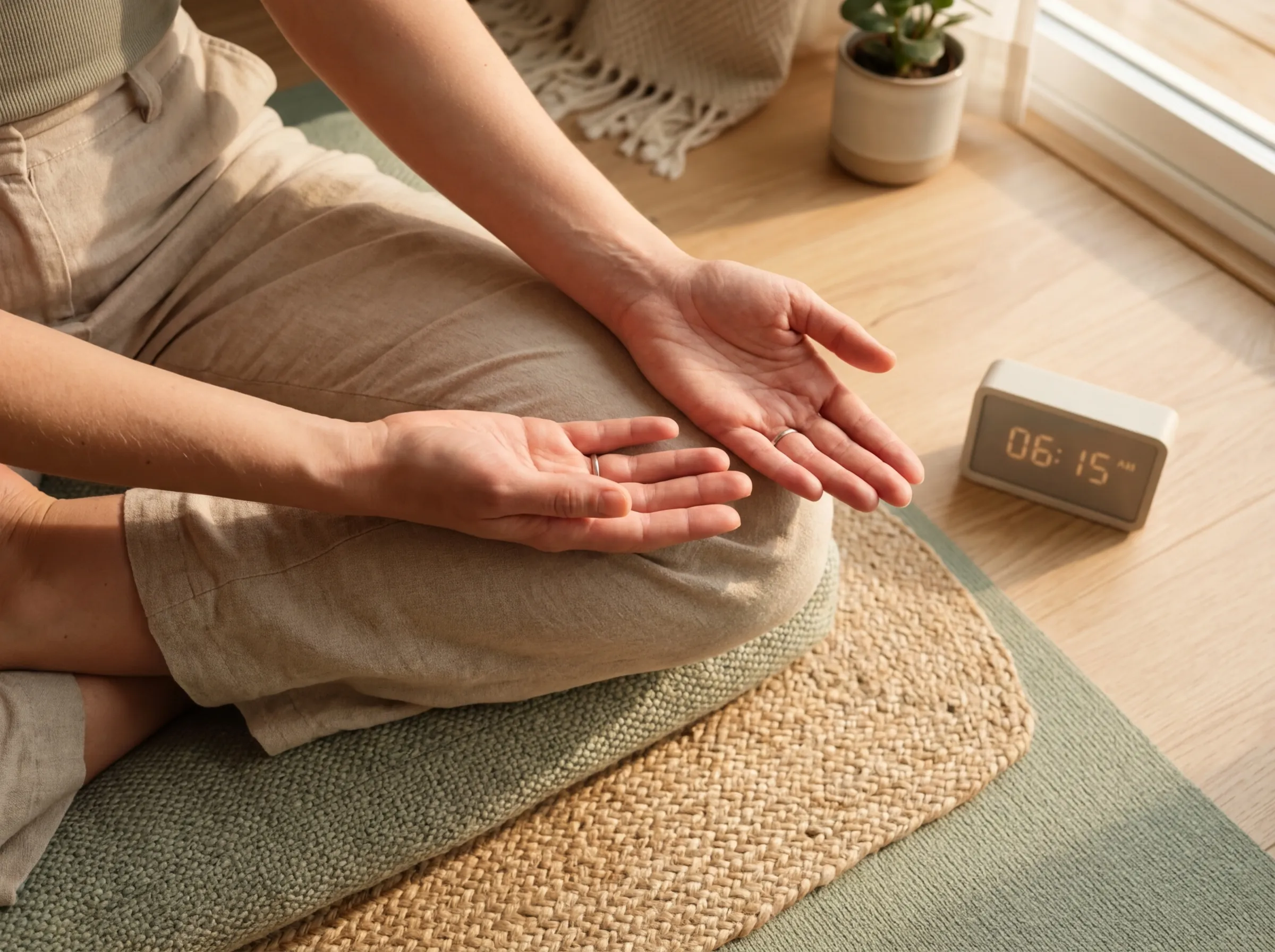 Hands resting gently on knees during an early morning meditation session with a clock showing 6:15 AM
