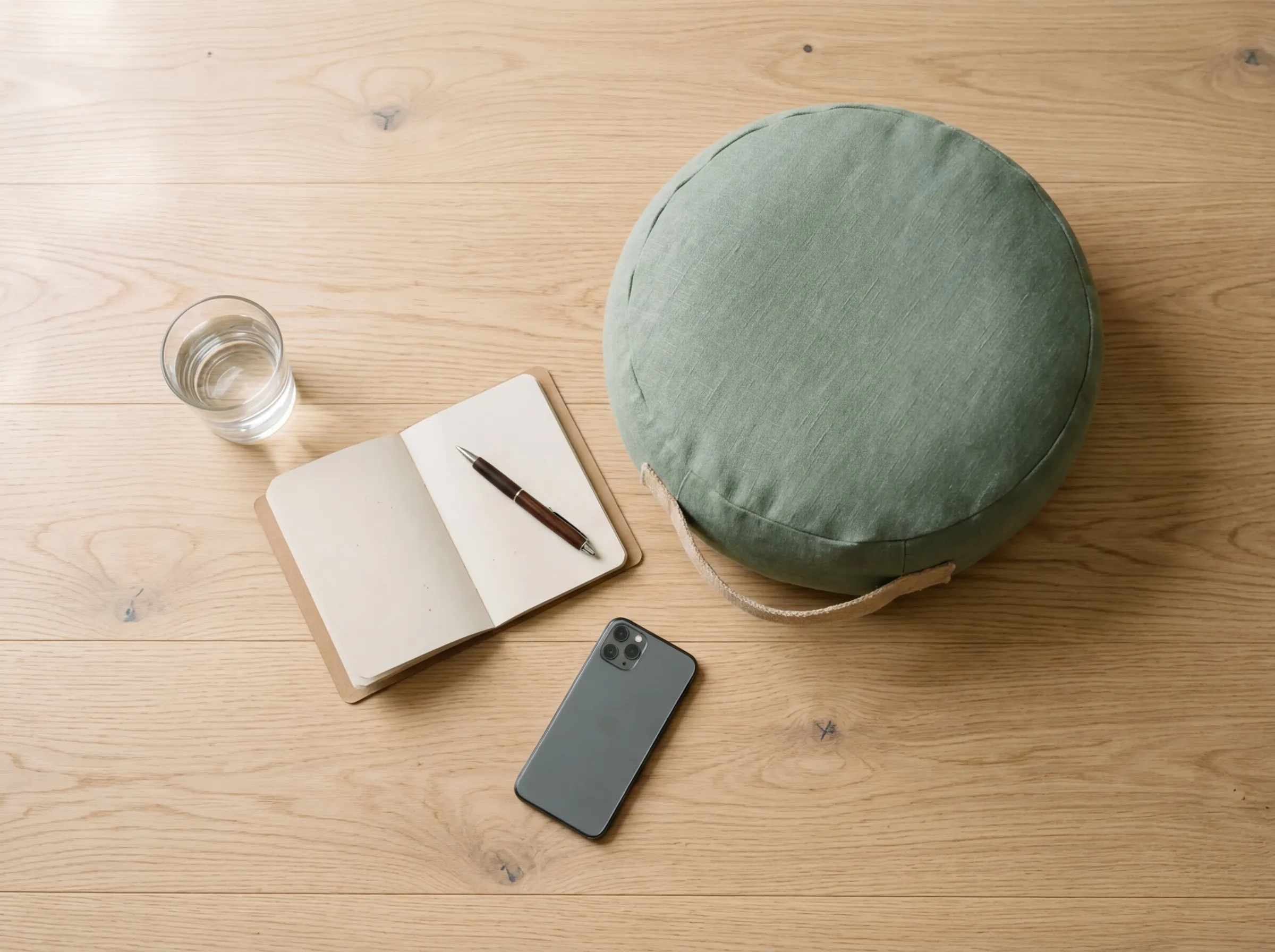Flat-lay morning meditation setup with cushion, candle, journal and tea on a wooden surface