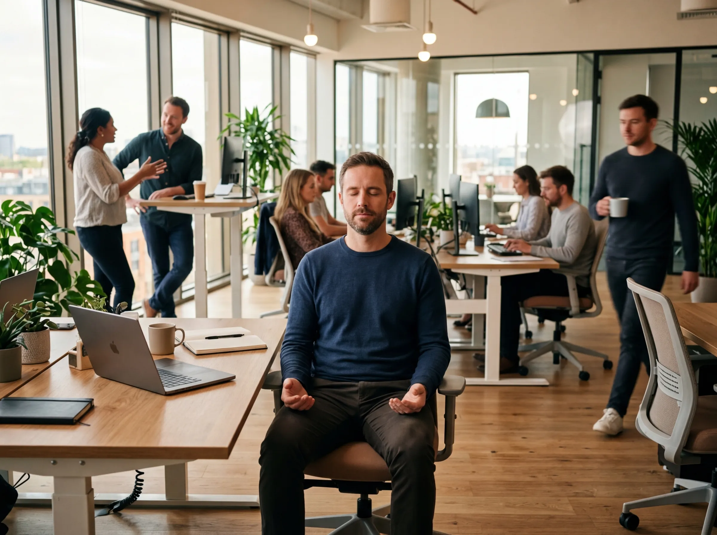 Person meditating at desk in open-plan office for focus while colleagues work around them