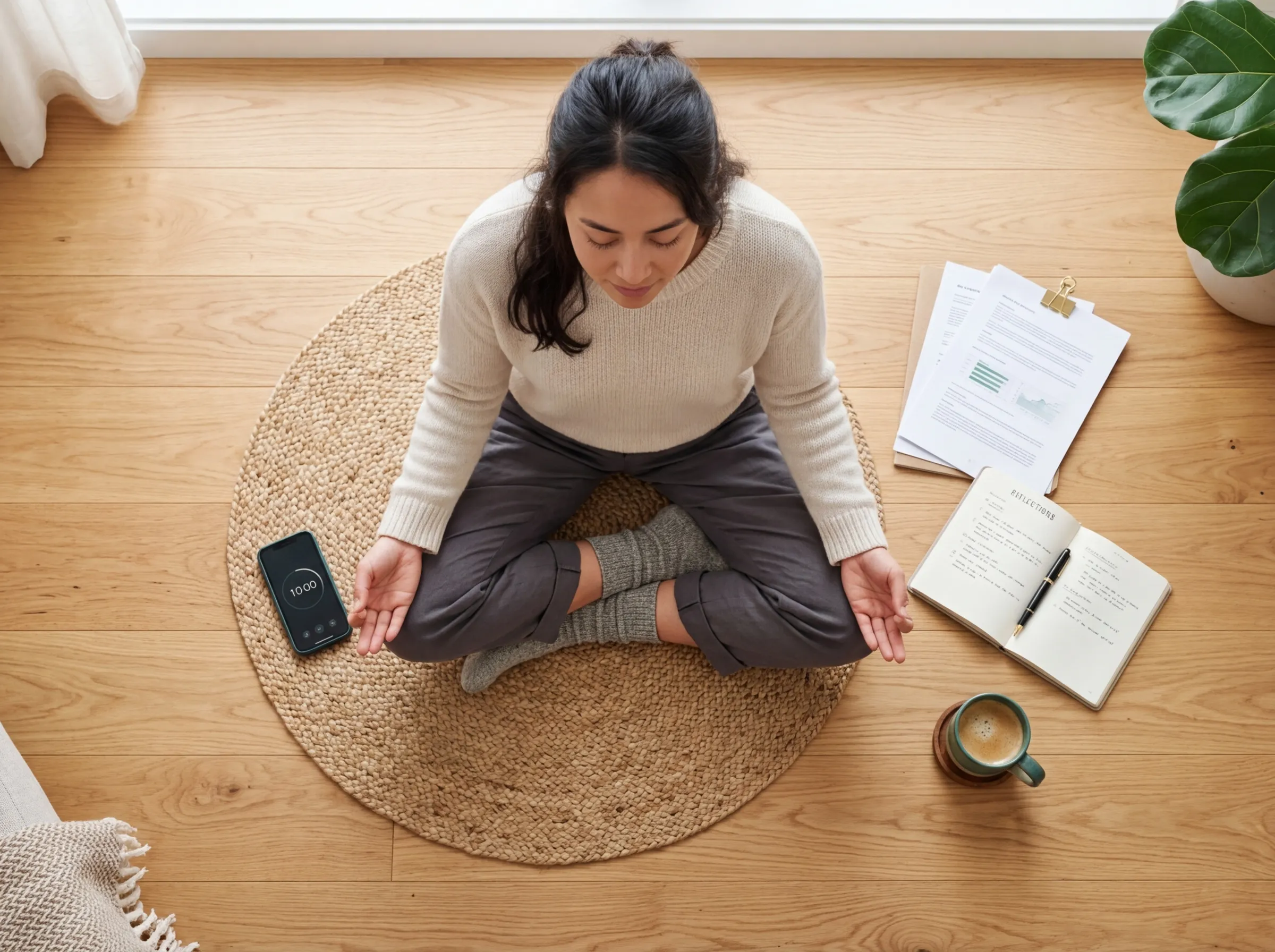 Overhead view of person meditating cross-legged with phone timer and work documents nearby
