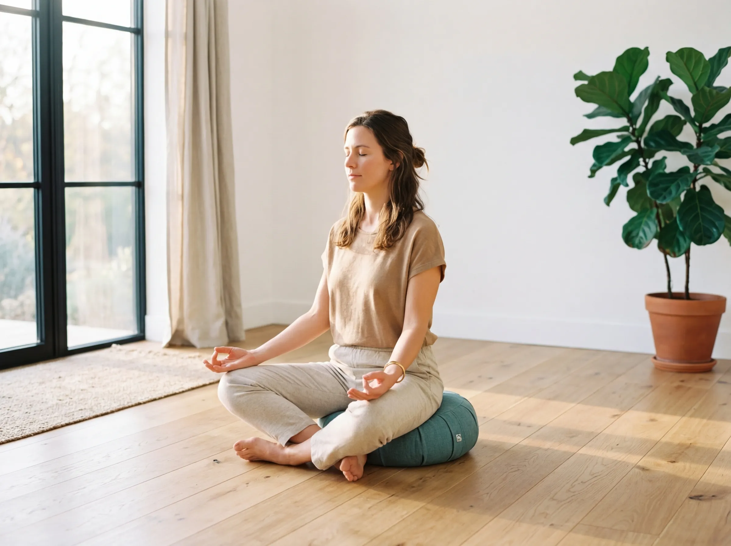Person sitting cross-legged on a meditation cushion in a minimal room with morning light