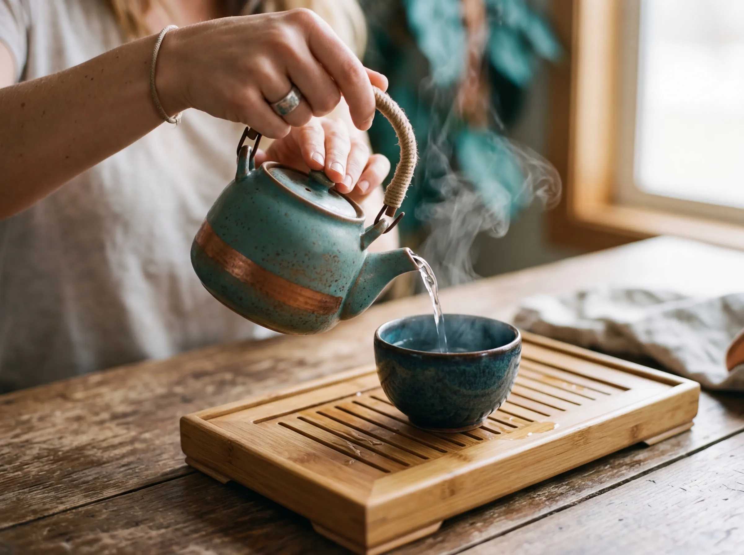 Close-up of hands pouring tea in a mindful moment representing everyday mindfulness practice