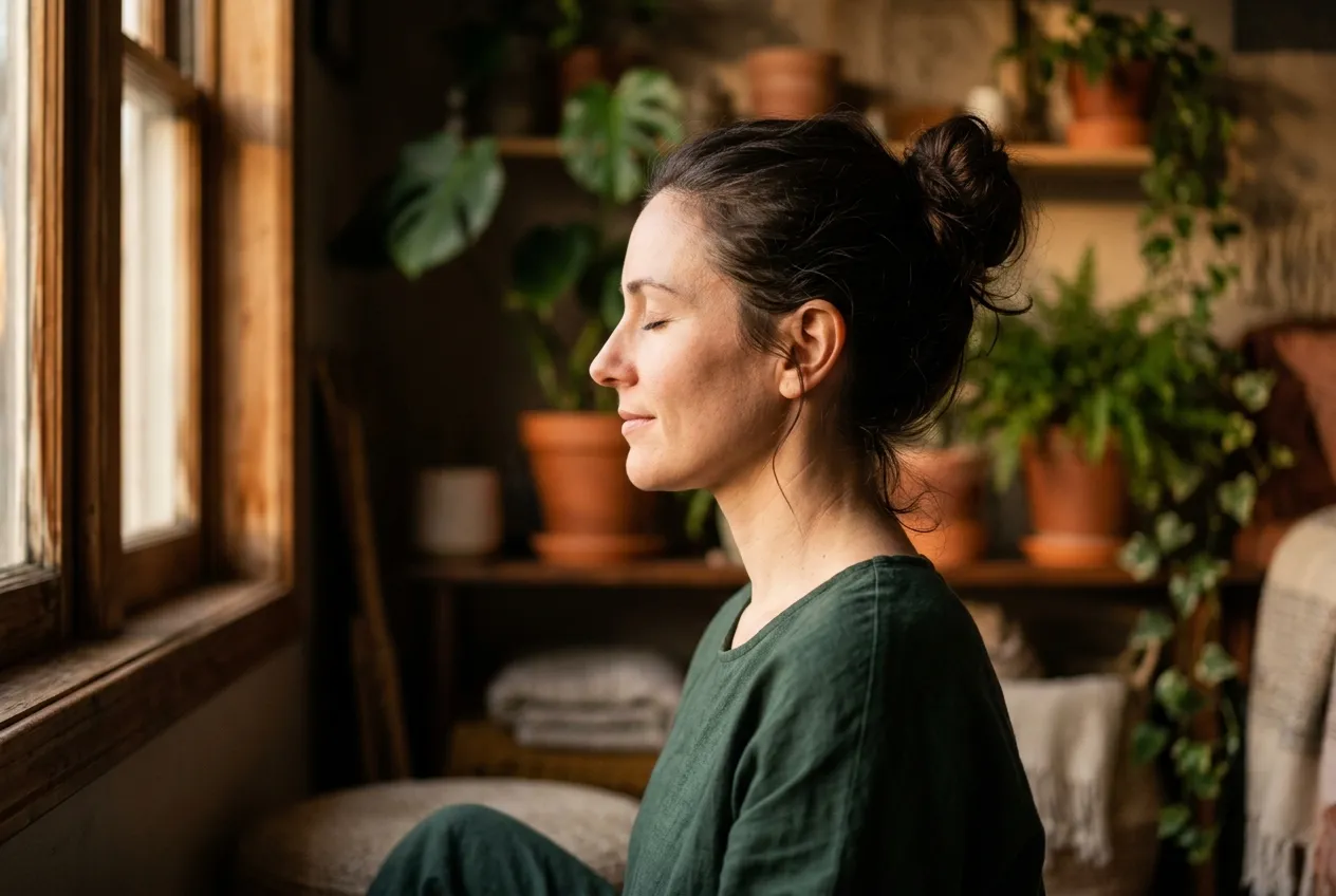 Side profile showing alpha brain wave patterns during meditation for focus in teal and copper tones
