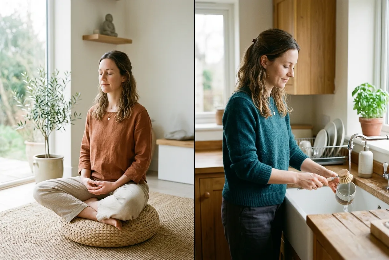 Two brain silhouettes comparing mindfulness vs meditation showing focused vs dispersed awareness patterns