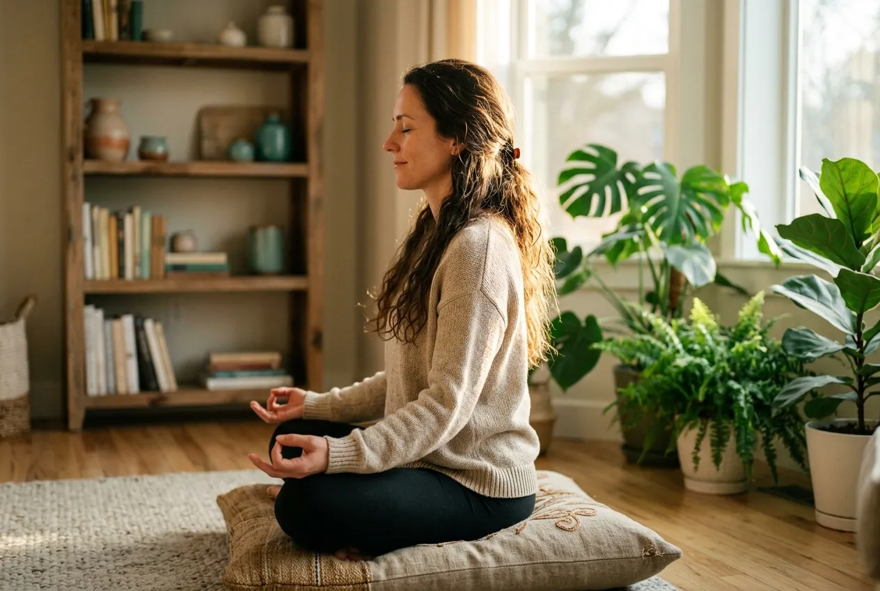 Illustration of the brain showing the prefrontal cortex and amygdala connection strengthened by morning meditation