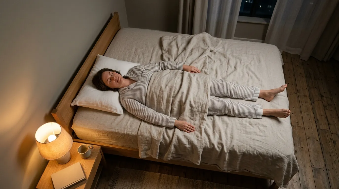Overhead view of person lying comfortably on a bed practicing yoga nidra for sleep with dim warm bedside lamp
