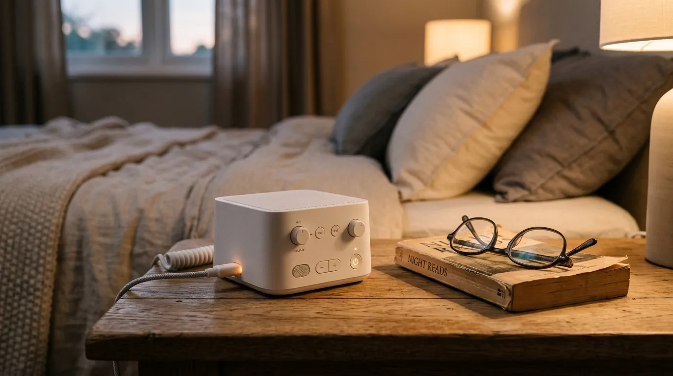 Compact sound machine on a wooden bedside table next to reading glasses and a book in a calm bedroom