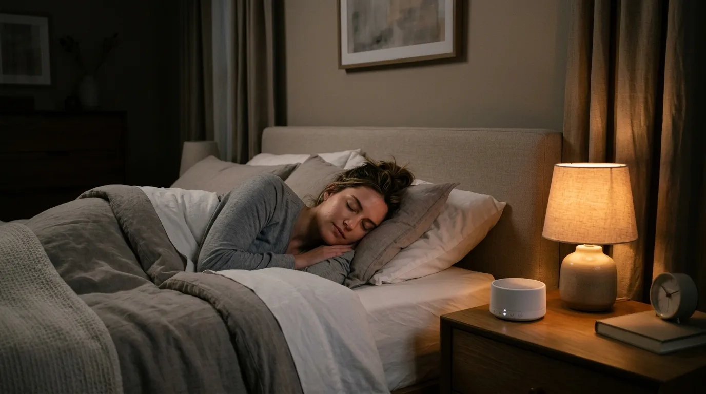 Person sleeping peacefully in bed with a sound machine on the nightstand and warm lamp light