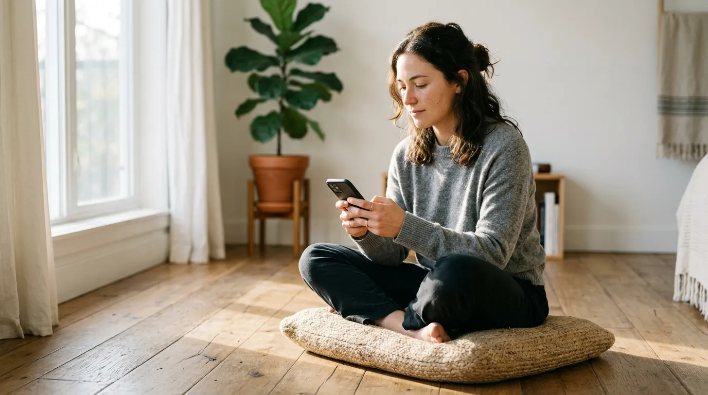 Person sitting cross-legged on a cushion using a meditation app on smartphone in a calm morning room