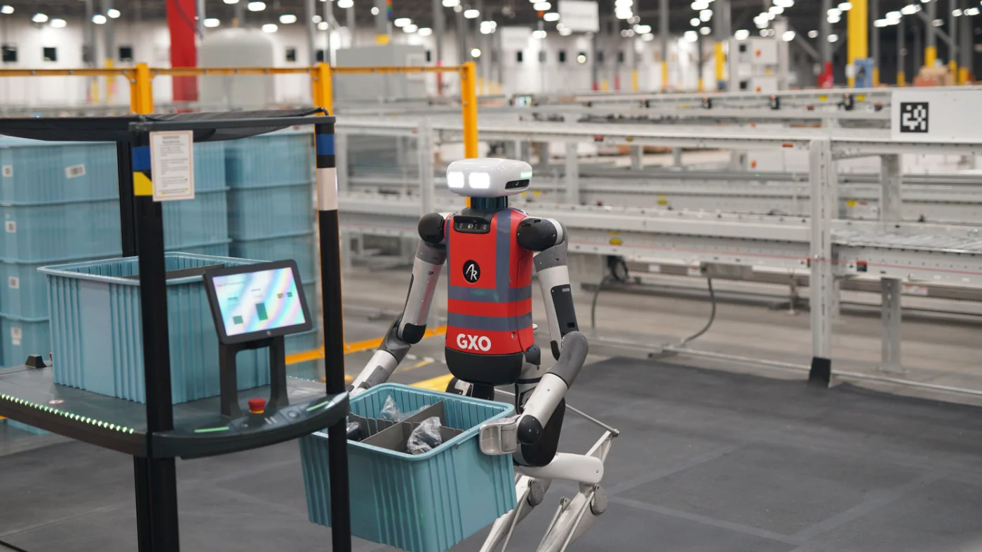 Agility Digit humanoid robot operating at GXO warehouse, illustrating the humanoid robot challenges facing manufacturing deployments in 2026