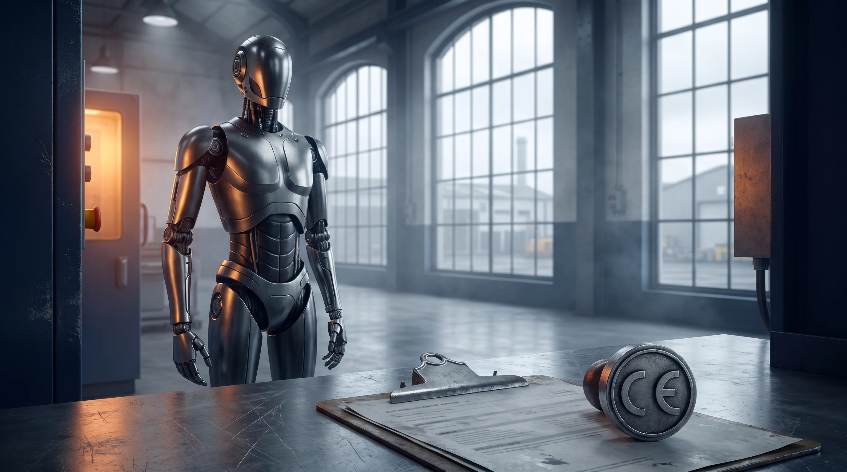 Compliance documents for the EU Machinery Regulation 2023/1230 beside a humanoid robot on a factory floor