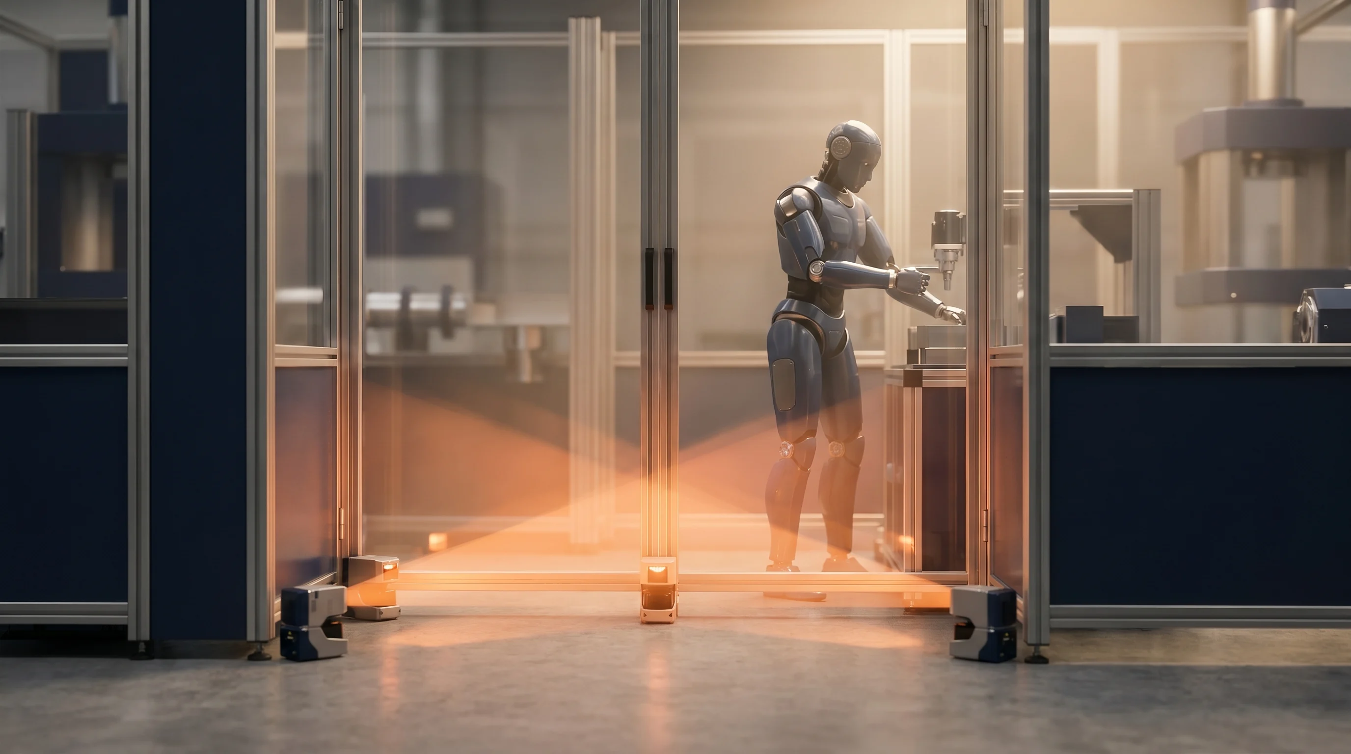 Industrial robot cell engineered to the ISO 10218 safety standard with area scanners and safety fencing
