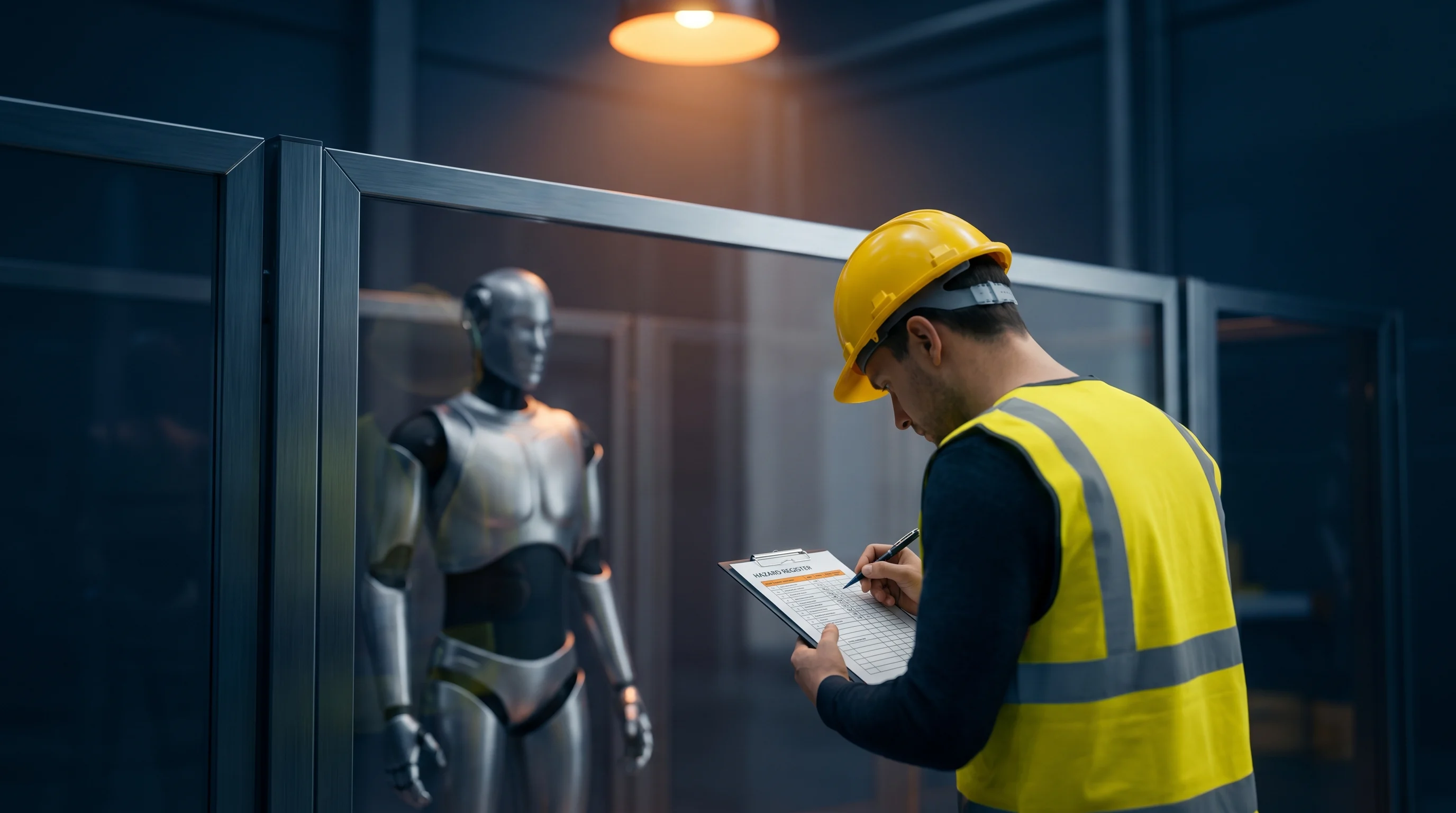 Safety engineer completing an ISO 12100 risk assessment template for a humanoid robot deployment