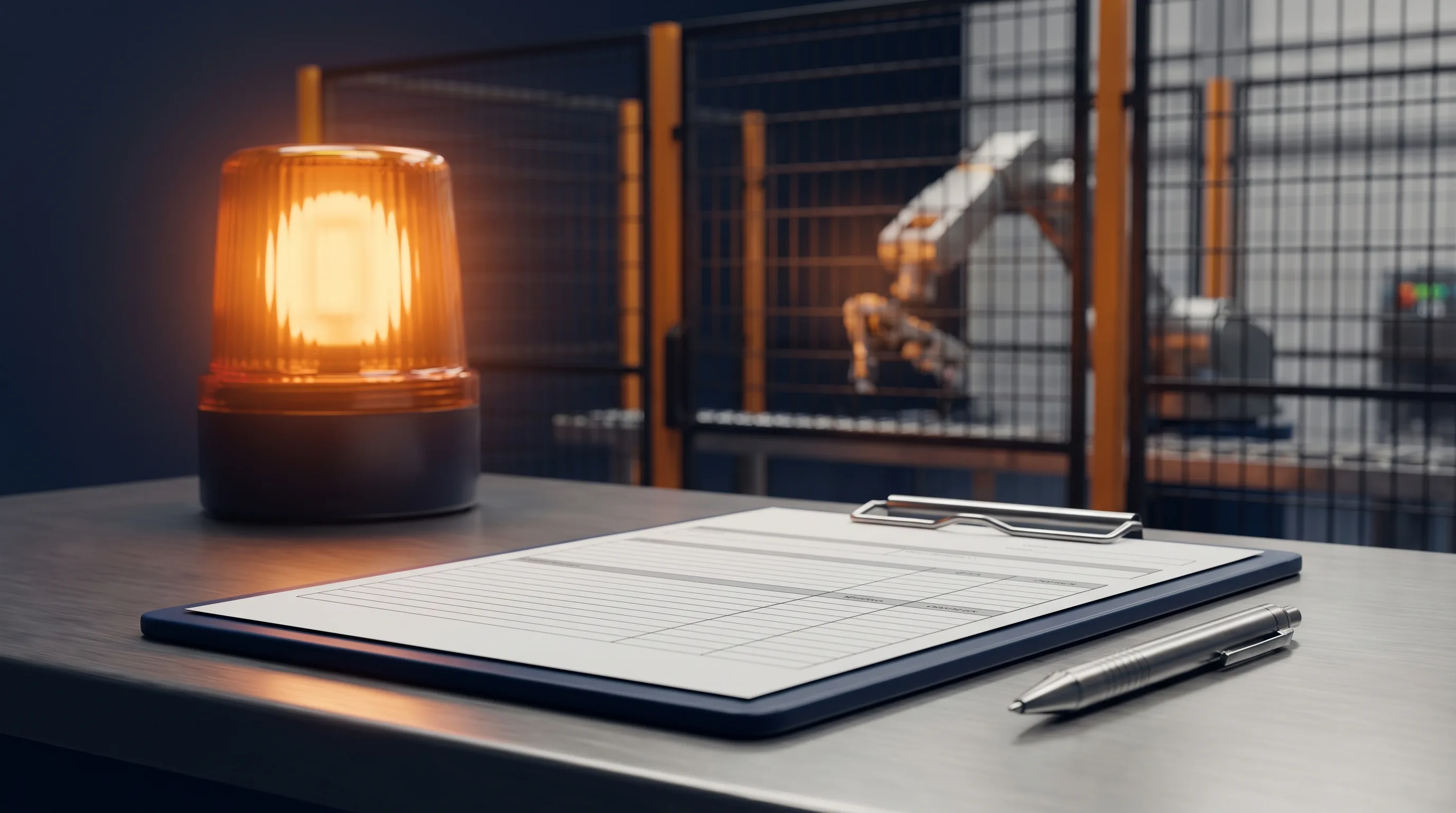 Near miss report form on a clipboard at the edge of a humanoid robot work cell