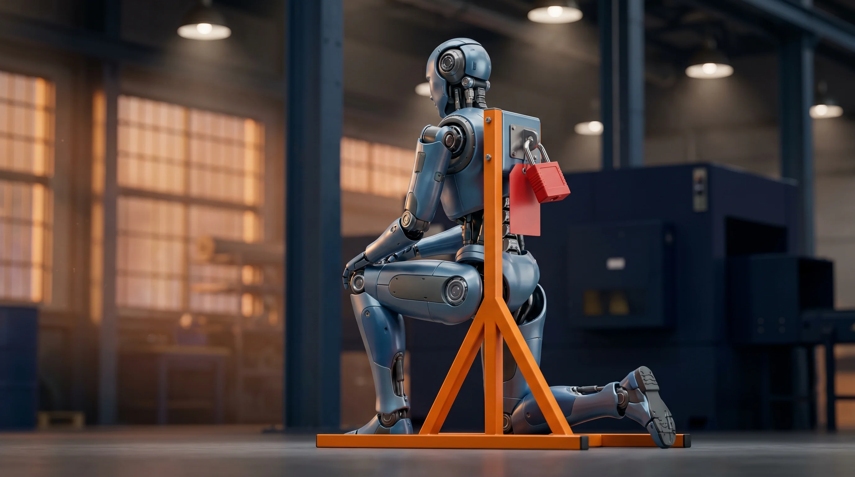 Braced humanoid robot with lockout tag showing a LOTO procedure template applied in practice