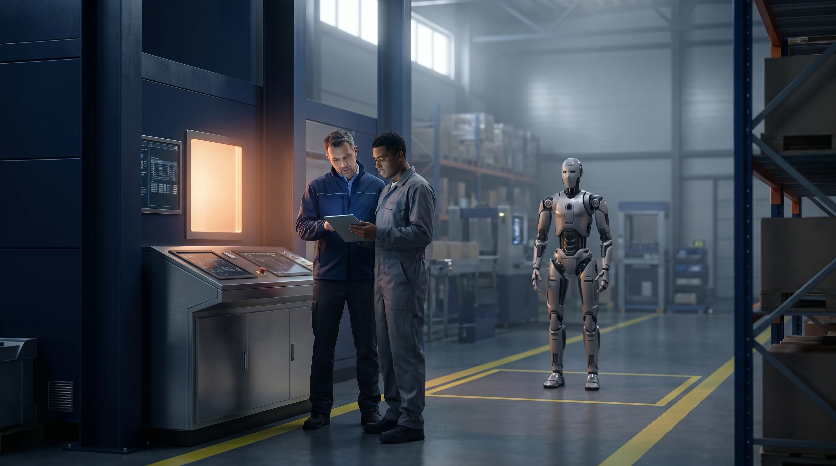 Robot safety training session with an operator completing a competency assessment beside a humanoid robot