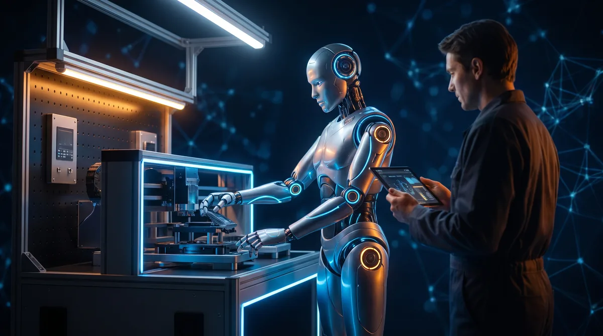 Operations manager reviewing CE conformity documents beside a humanoid robot, illustrating the EU AI Act for humanoid robots timeline