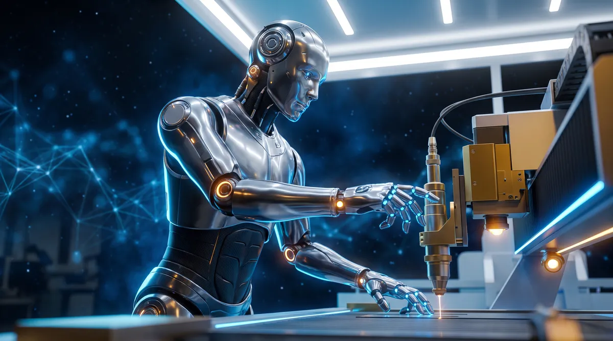 Industrial humanoid robot doing precision work at a machine, illustrating what is a humanoid robot in practice