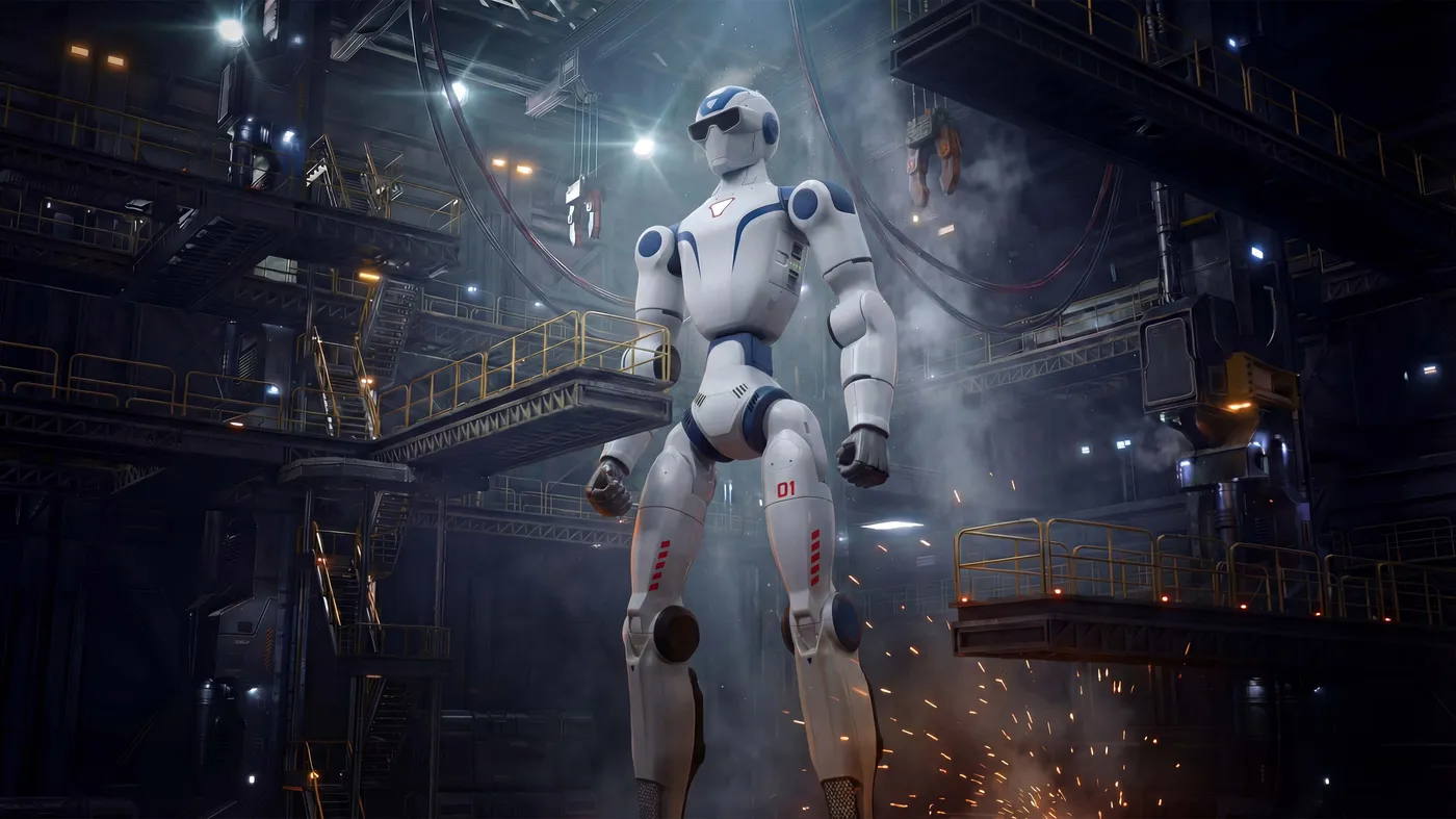 Unitree R1 price guide: the white Unitree R1 humanoid robot standing in an industrial hall