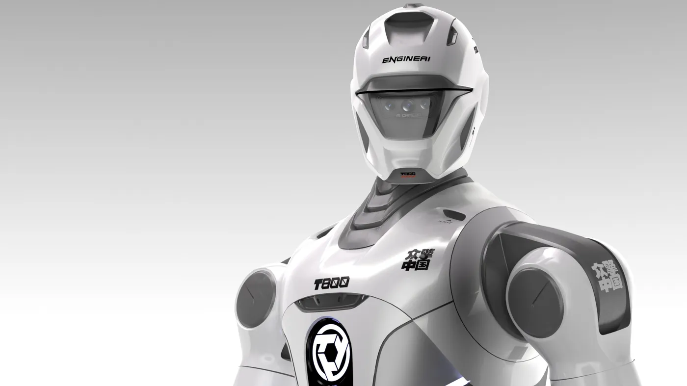 The white EngineAI T800 humanoid robot, front view, with the T800 marking on its chest, shown in this EngineAI T800 price guide