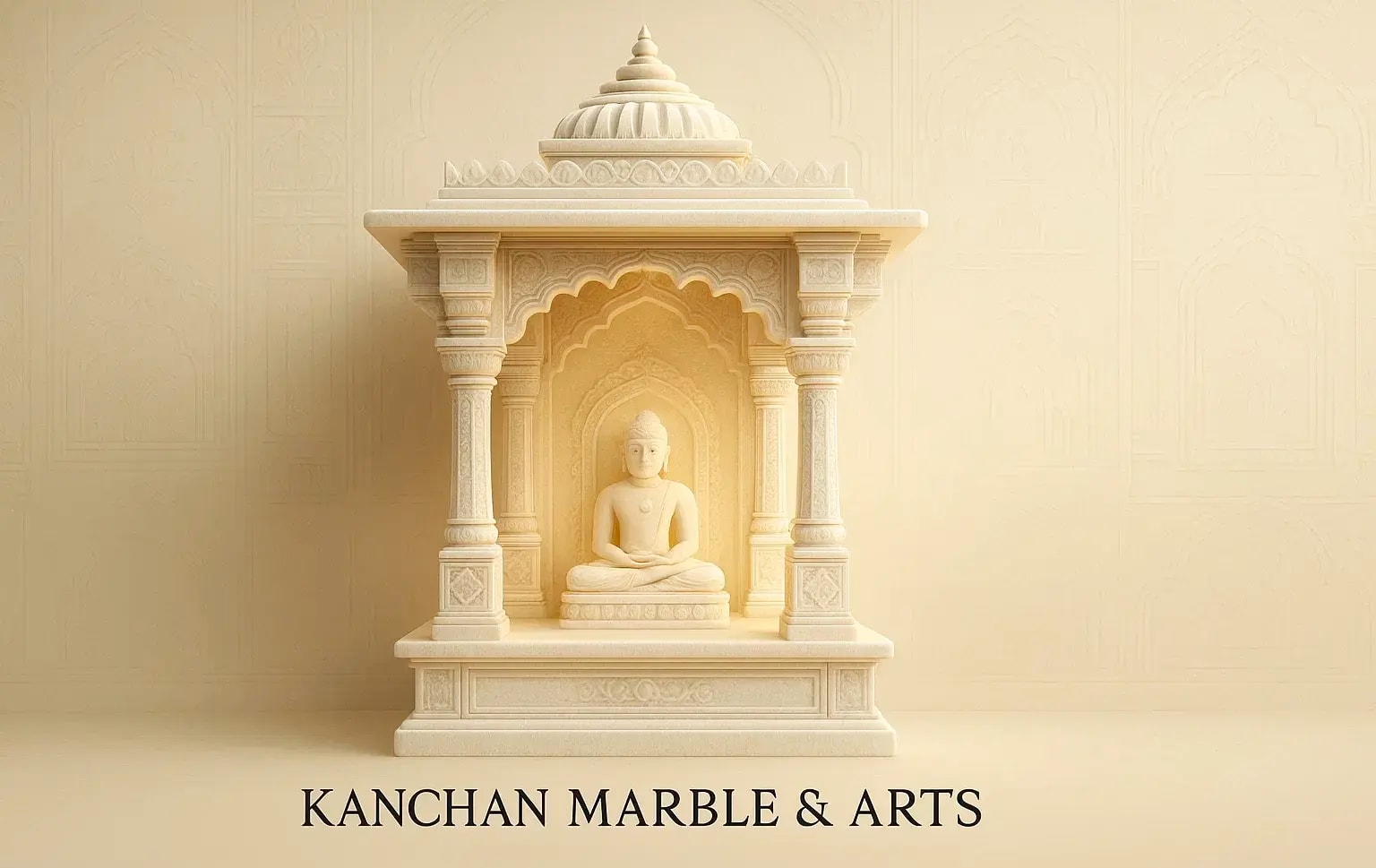 White marble home mandir, carved dome above a pillared arch