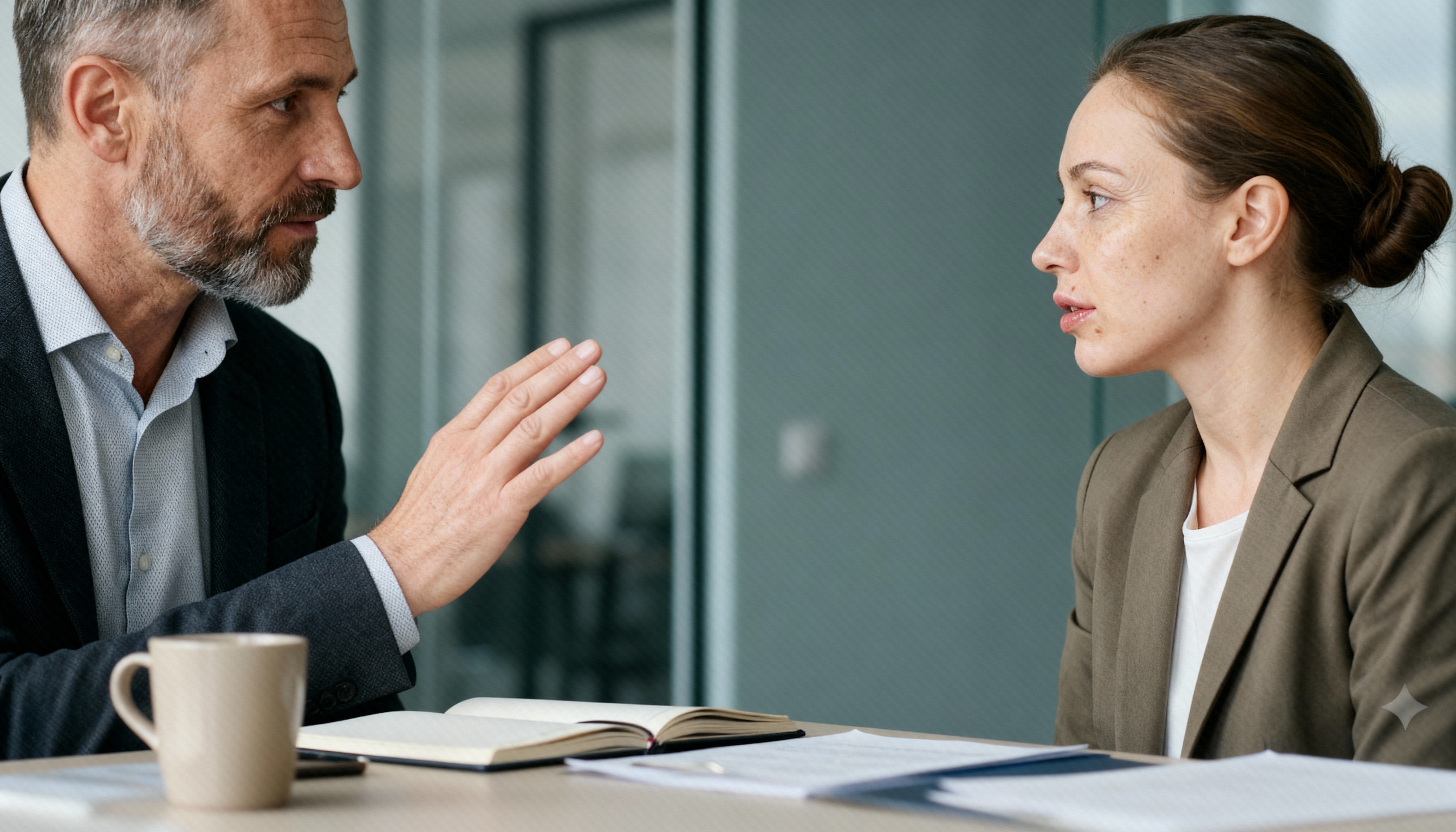 Close-up of a job interview where the interviewer raises a hand to interrupt a candidate mid-response.