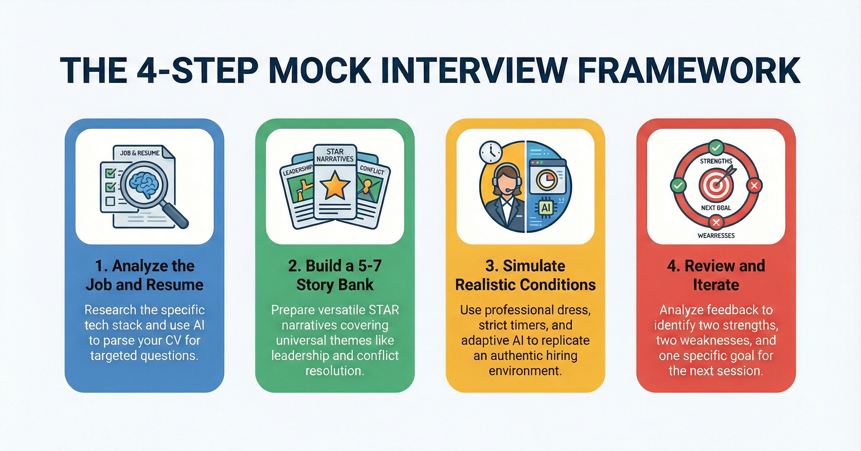 A 4-step visual guide on how to prepare for a mock interview, highlighting AI resume parsing, STAR method story banks, realistic AI simulations, and feedback iteration.