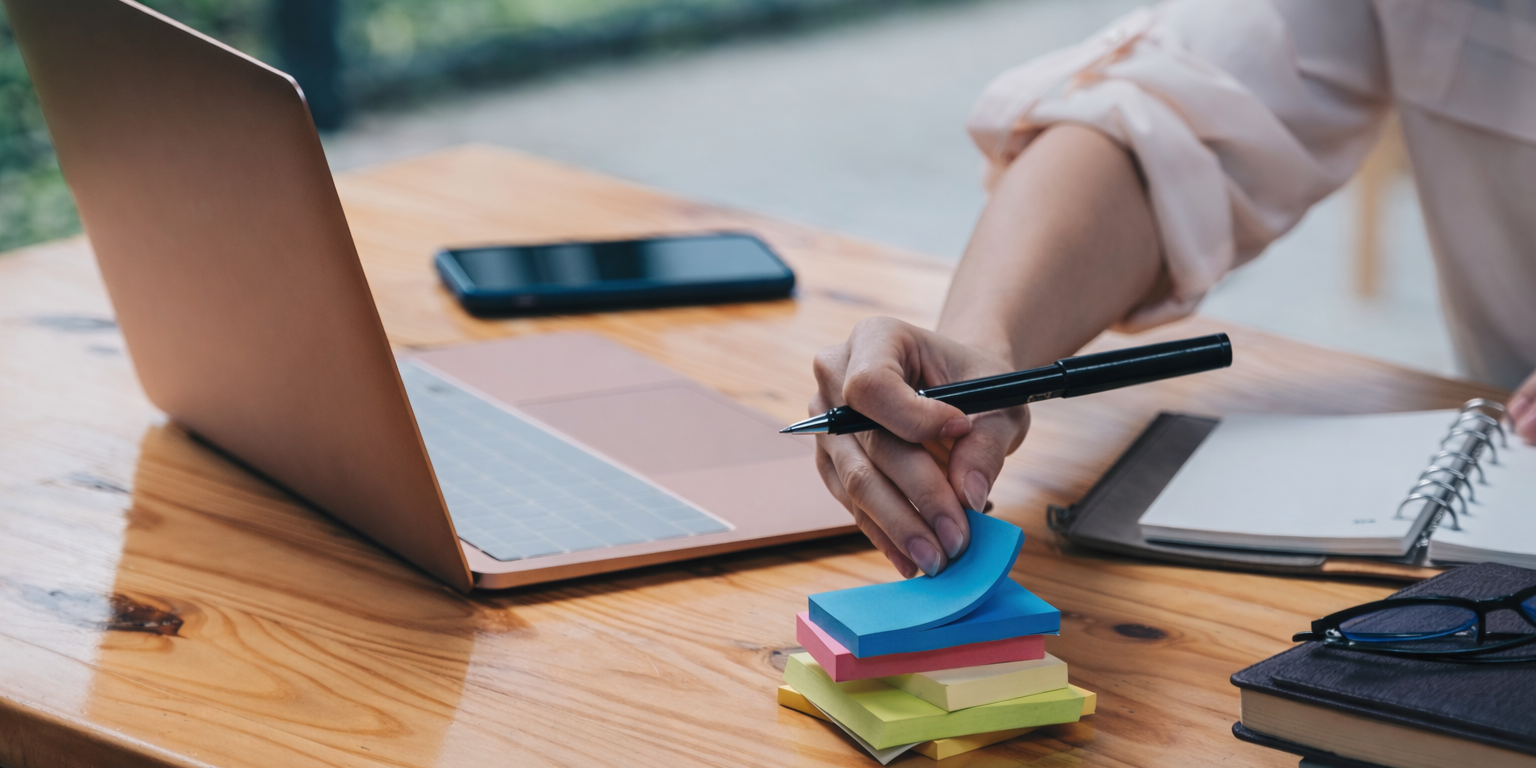 Person building a STAR method story bank on a notebook with sticky notes for interview preparation