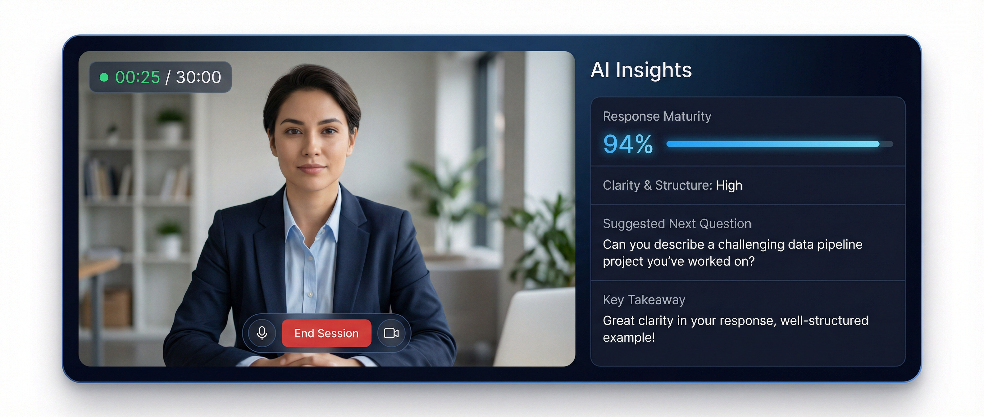 interview copilot showing real-time AI insights panel with response maturity score and live answer analysis during video practice session