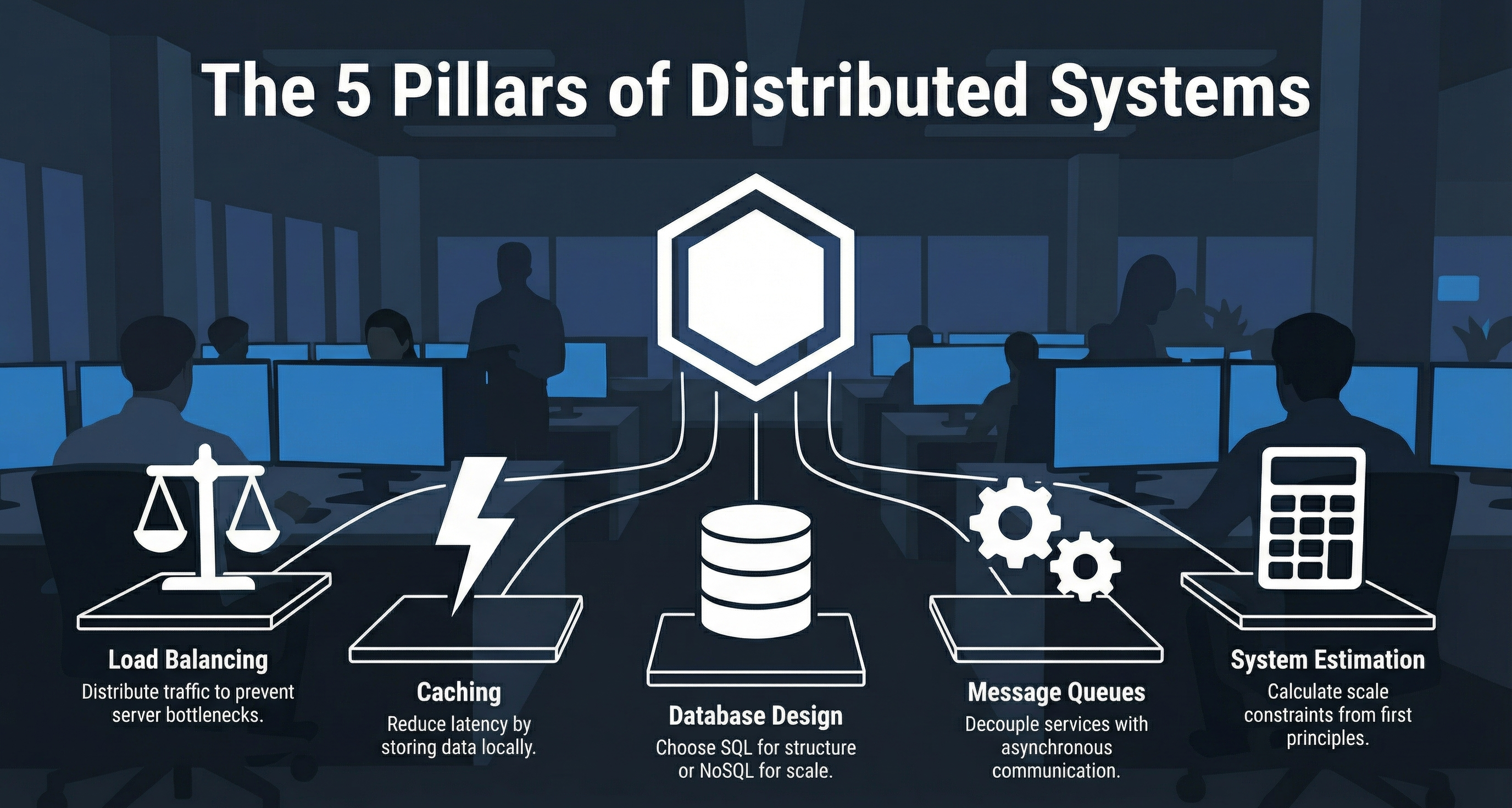 3D realistic network graph showing the 5 core system design concepts: load balancers, caching, databases, message queues, and estimation