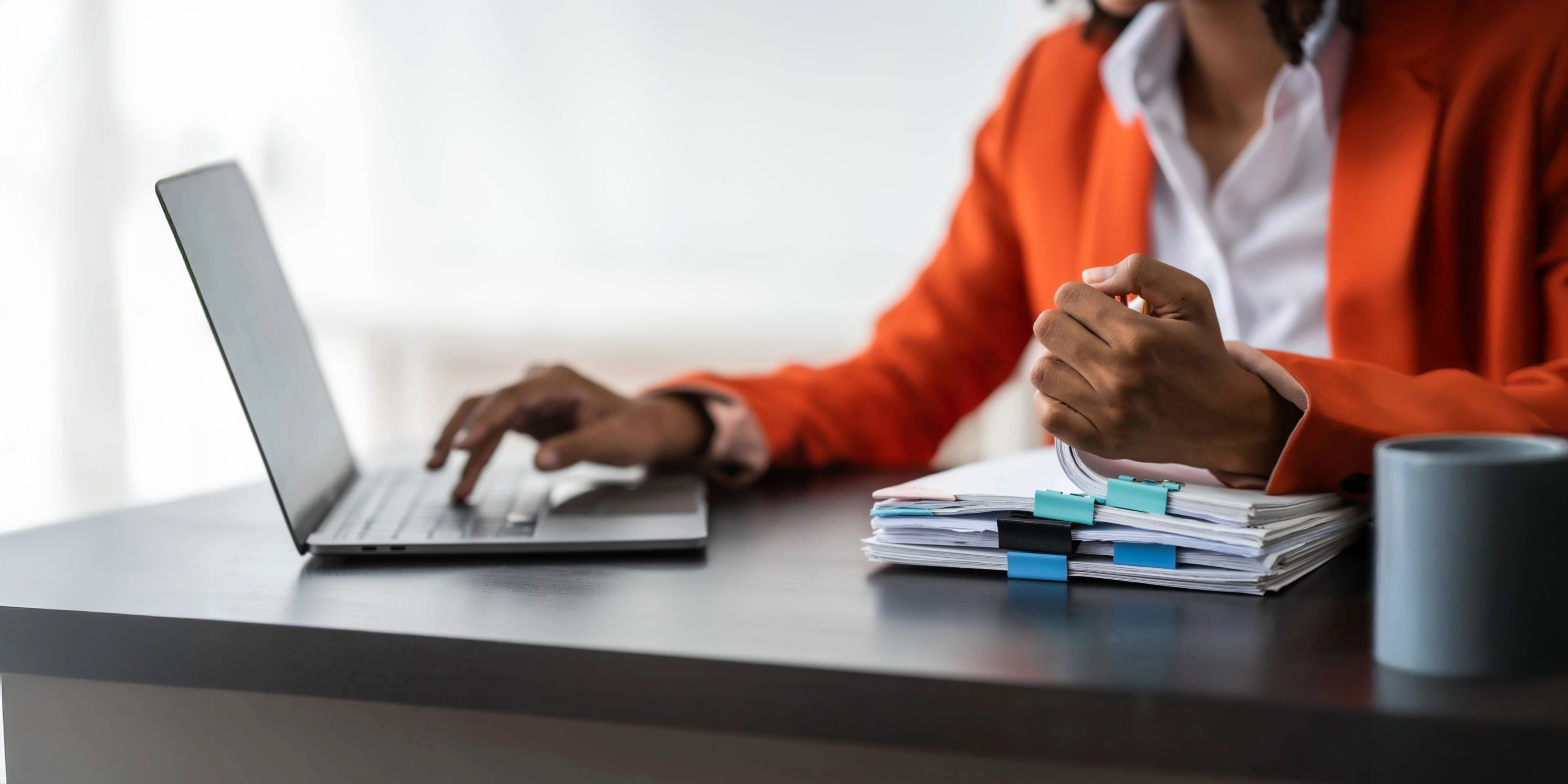 Professional candidate preparing for interview on laptop