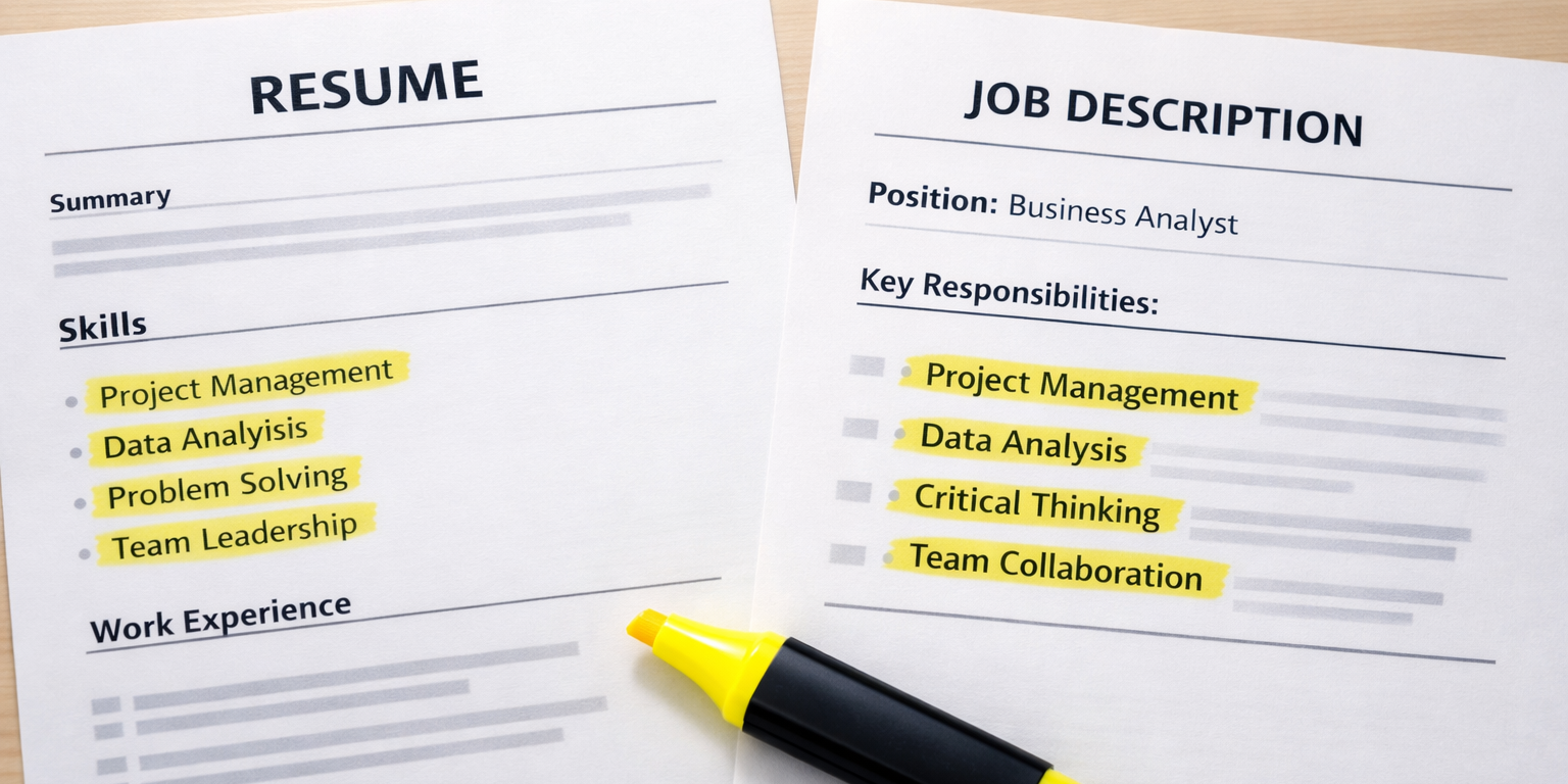 A resume placed next to a job description with key skills highlighted — the first step in how to prepare for a job interview