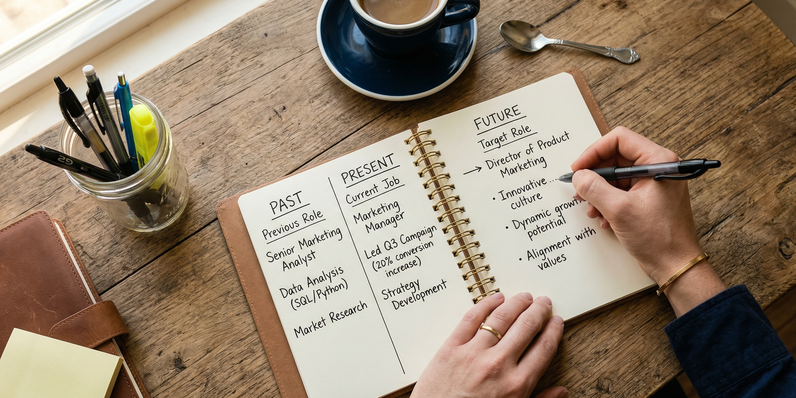 An open notebook with Past, Present and Future columns drawn out — illustrating the Present-Past-Future formula for answering tell me about yourself in a job interview