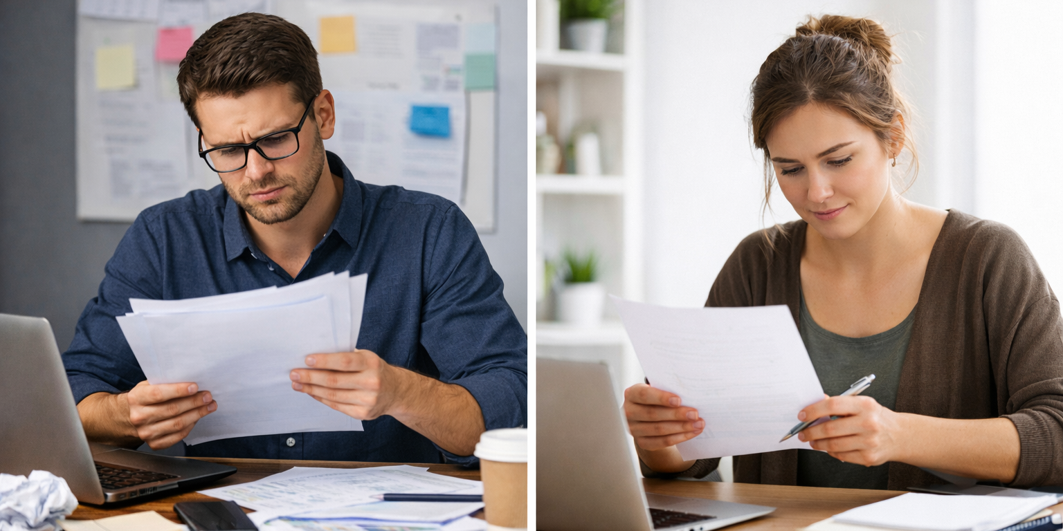Side by side comparison of bad versus good interview preparation — disorganised stressed candidate on the left versus calm focused prepared candidate on the right