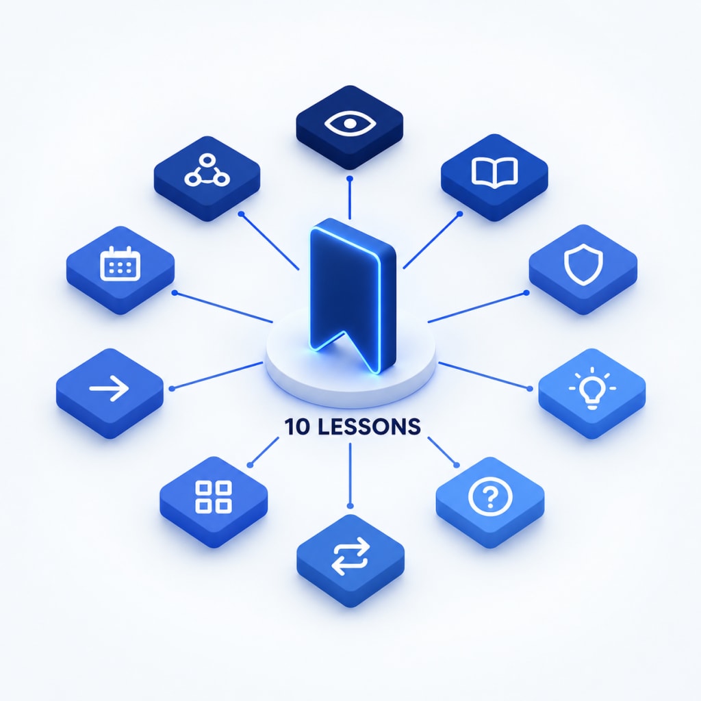 A glowing bookmark on a central platform, connected to a ring of ten icon tiles, one for each career lesson.
