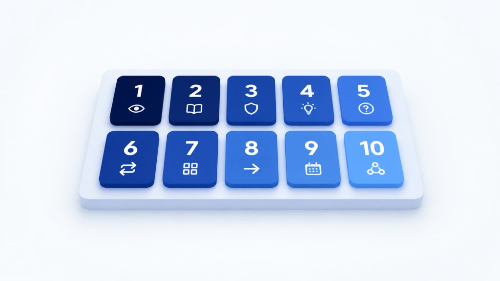 Ten numbered cards in two rows of five, each with a small icon for one of the ten lessons in this article.